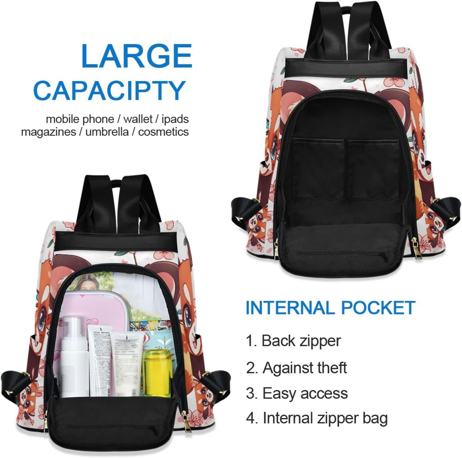 ALAZA Cute Red Panda Cherry Backpack Purse for Women Anti Theft Fashion Back Pack Shoulder Bag