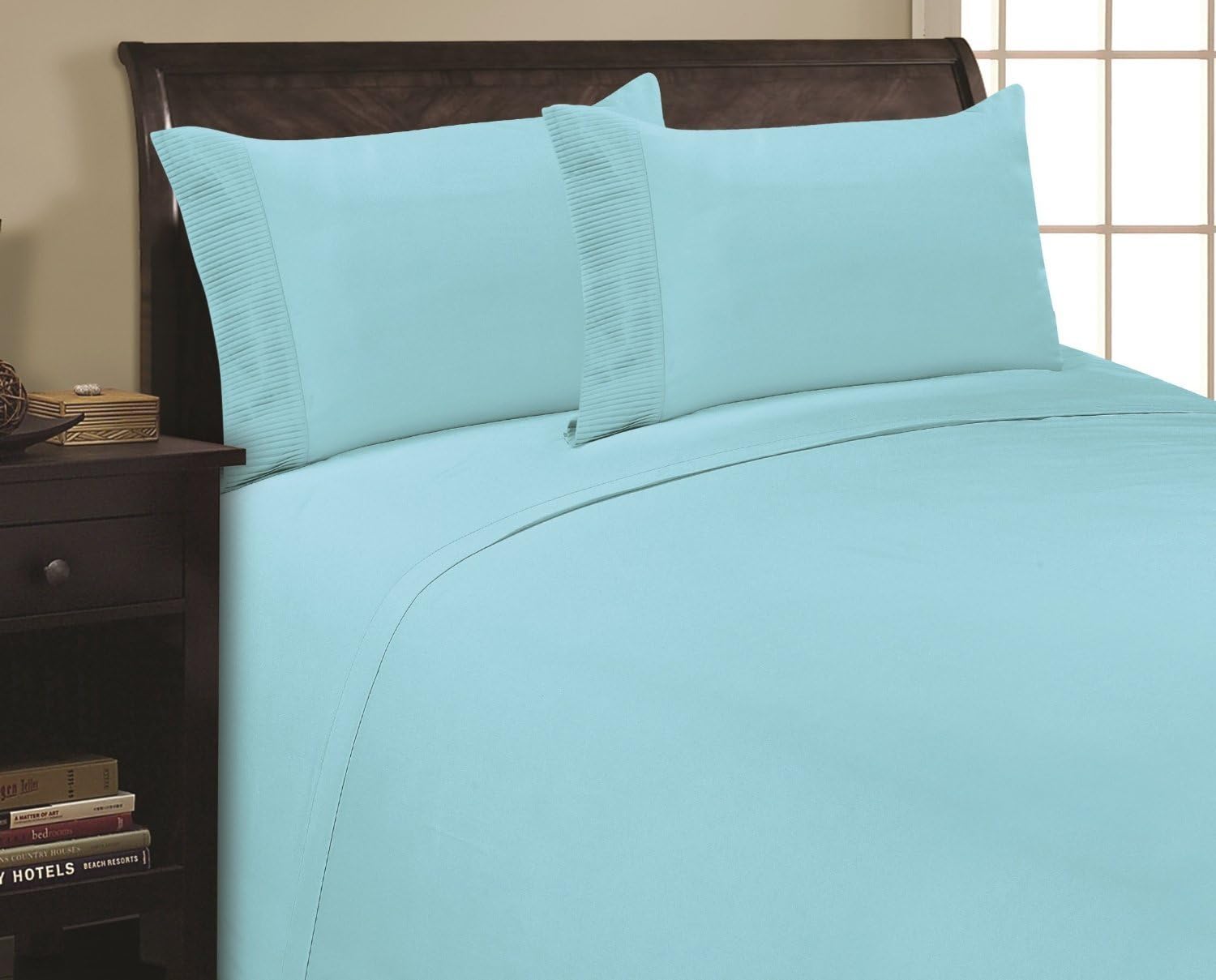 Elegance Linen 1800 Thread Count PLEATED DESIGN Egyptian Quality Luxurious Silky Soft WRINKLE RESISTANT 4 pc Sheet set, Deep Pocket Up to 16" - All Size and Colors, California King Aqua