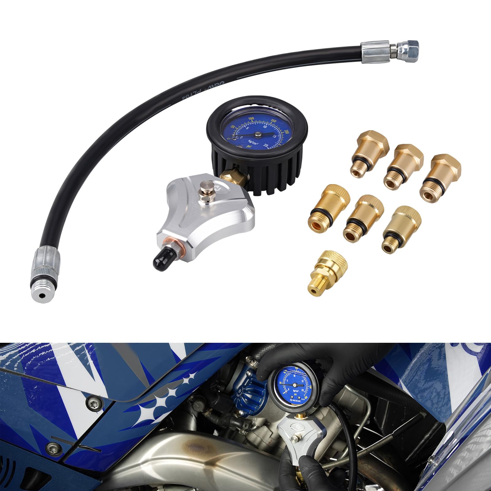 NICECNC Kit de comprobador de compresión de Cilindros de Motor con bujías de 10 mm, 12 mm y 14 mm para Motores de 2 y 4 Tiempos; manómetro de compresión y comprobaciones rápidas rutinarias del Motor