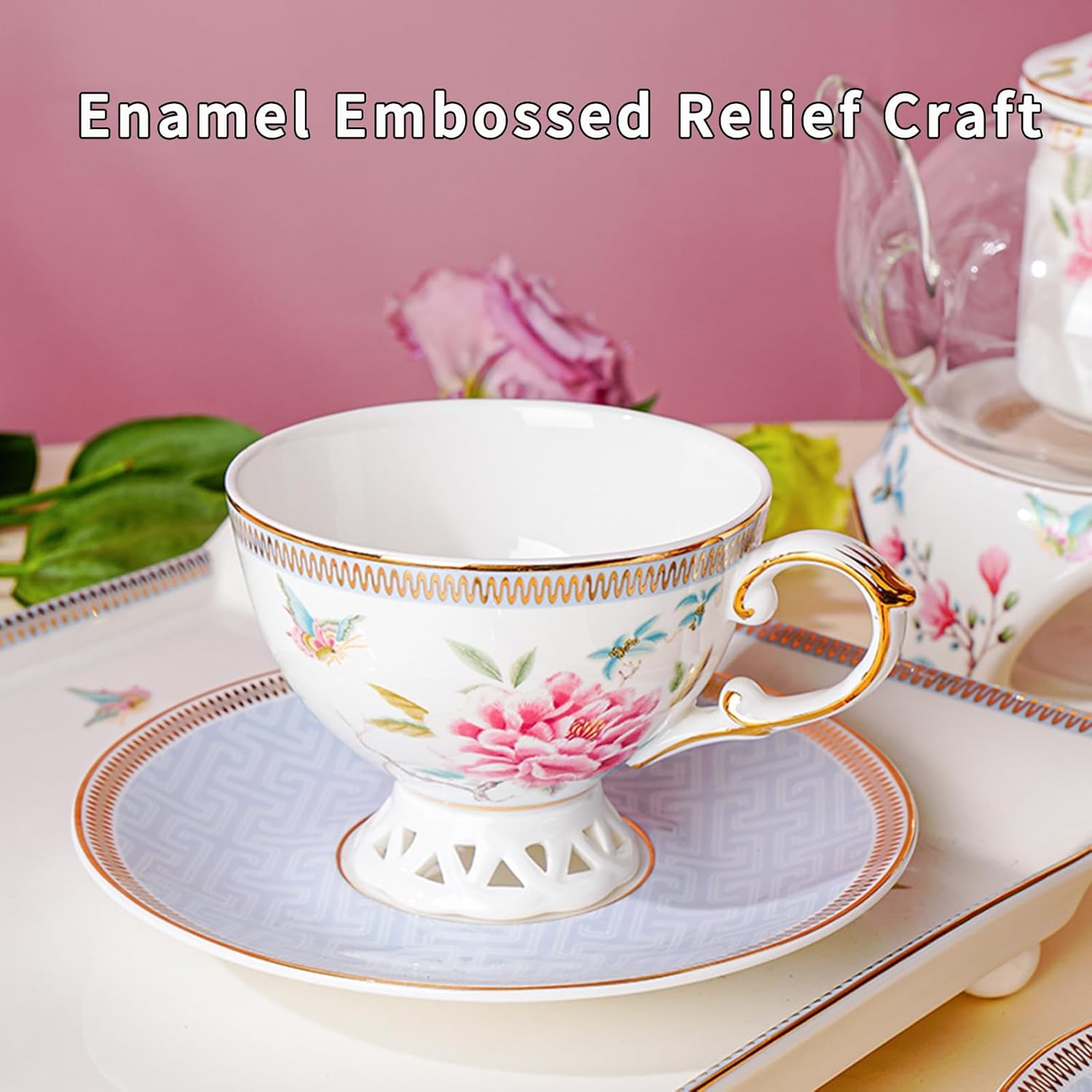 Tea Cup and Saucer Set, Floral Butterfly Vintage Tea Cup with Gold Trim, Bone China Coffee Cup with Saucer and Spoon, Porcelain Cup and Saucer Set for Women and Tea Party, 6.8 oz