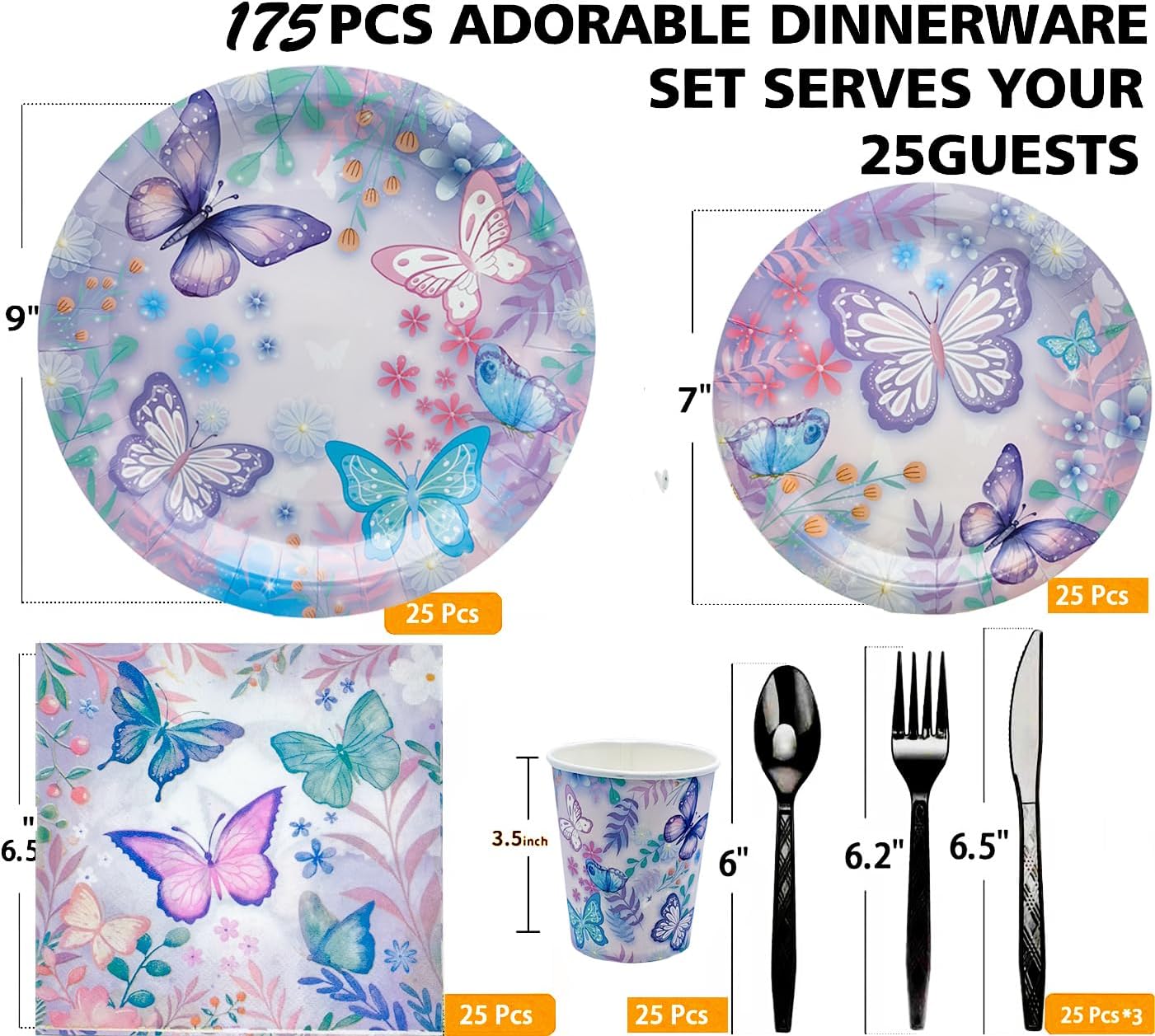 175Pcs Butterfly Birthday Party Supplies Set 9"Butterfly Dinner Plates 7"Pink Butterfly Dessert Plates Napkins Cup Knive Fork Spoon for Bridal Shower Butterfly Girl Party Birthday Decorations (purple)