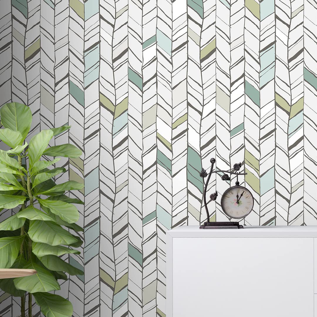 Herringbone Removable Wallpaper - Peel and Stick Chevron Fabric Paper - Temporary Modern Geometric Decal - Adhesive Green Wall Decor CC197