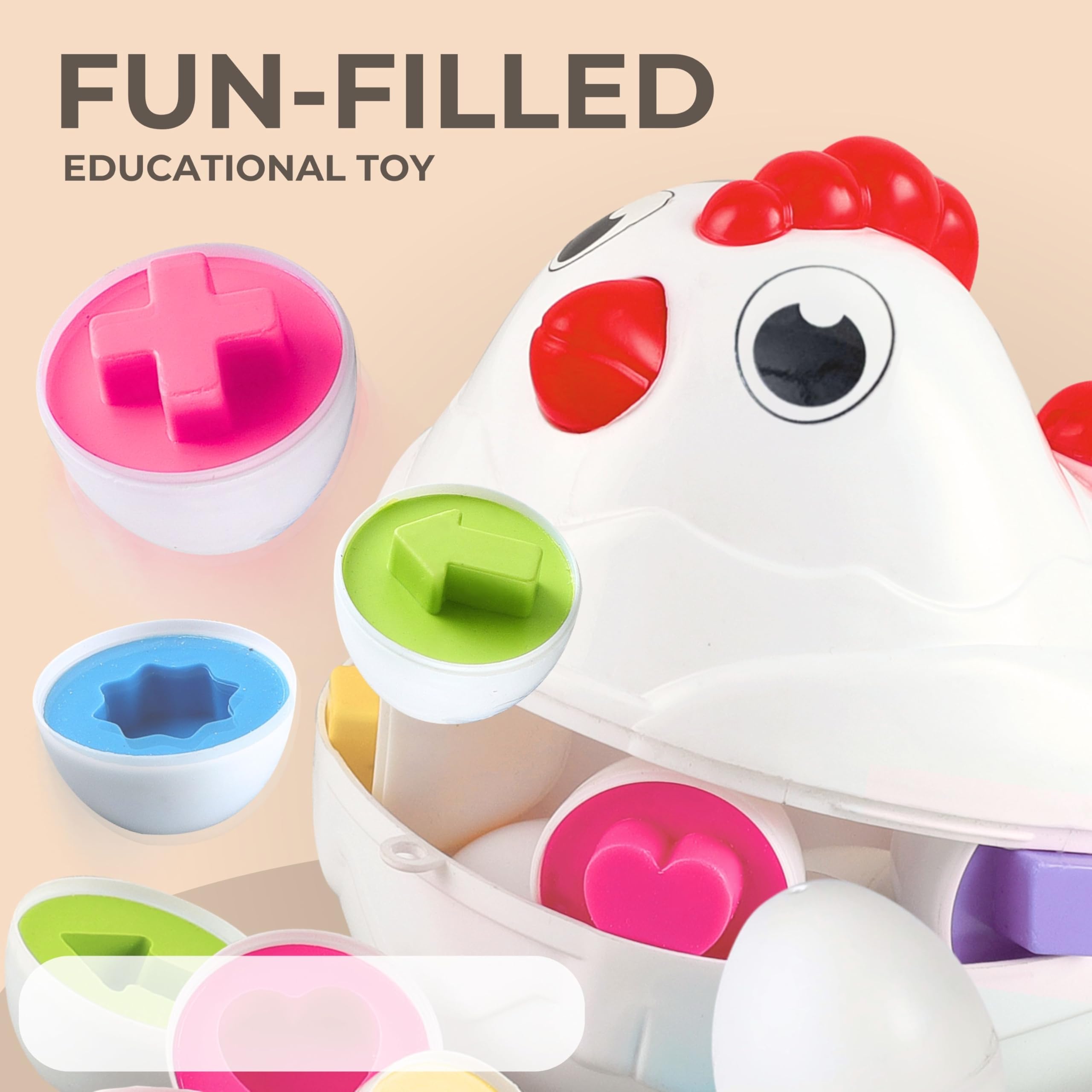 Kids First Step Matching Shapes Eggs | Activity Toy for Babies | 12 Multicolor Eggs | Educational Game for Toddler & Preschool Kids | Pull-Along Hen Toy with Wheels 3