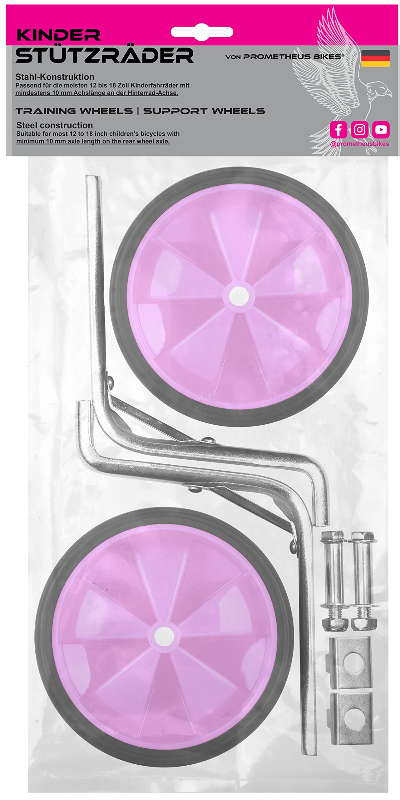 PROMETHEUS BICYCLES Rotelle bici bambino universali 12 14 16 18 pollici | Rotelle per bicicletta bambini | Ruote bici bambino - robusta struttura in acciaio con pneumatici in gomma (Rosa)