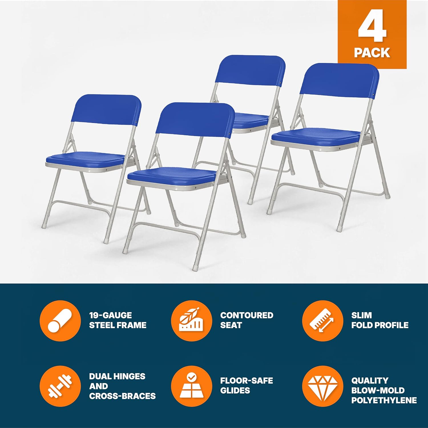 OEF Furnishings OEF800 Series Premium Heavy-Duty Plastic Folding Chairs, Lightweight, Durable Seating for Indoor and Outdoor Use, 500 lb Capacity (4-Pack, Blue Plastic with Gray Frame)