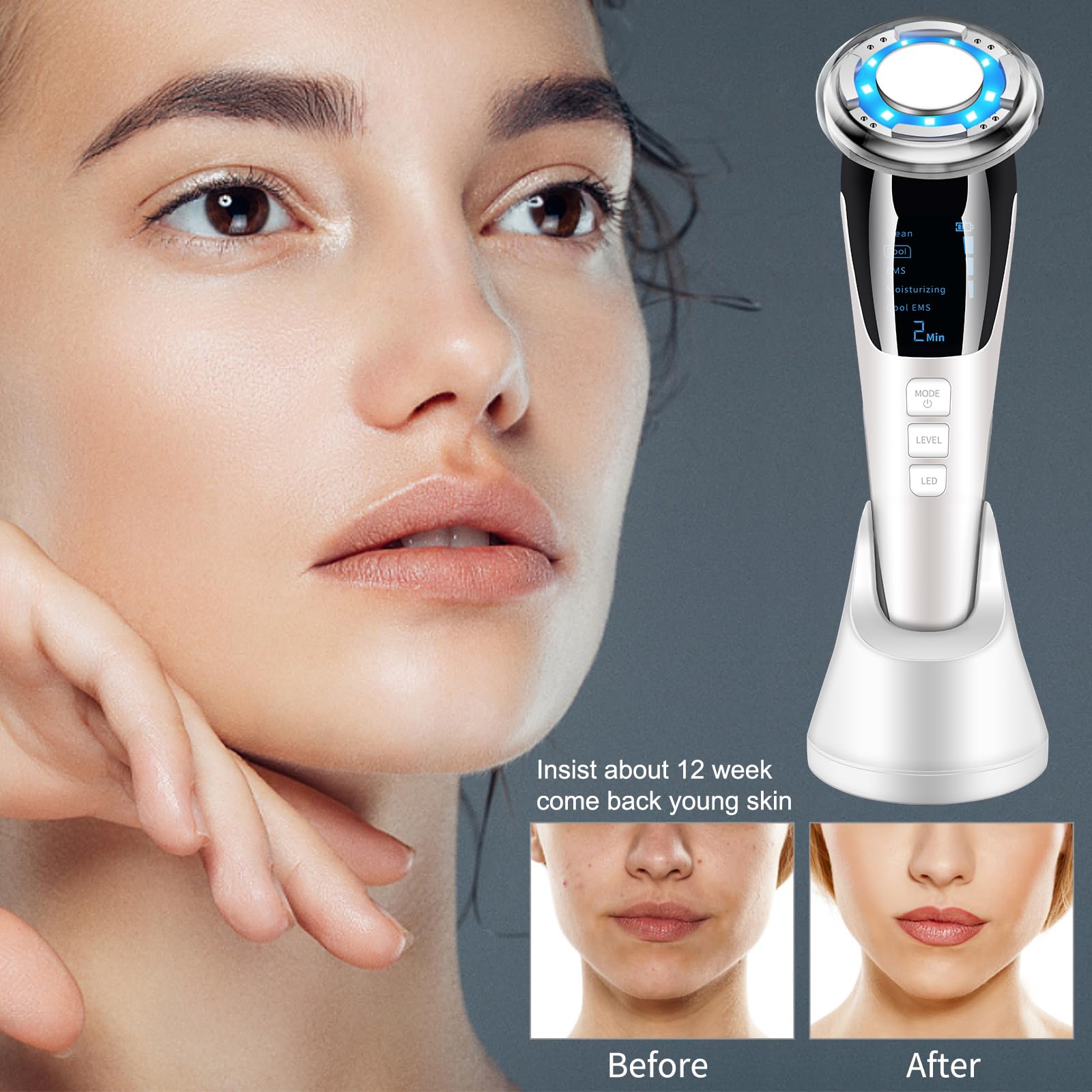 Ultraschallgerät Gesicht Kosmetisches Gerät Faltenentferner Gesichtsmassagegerät Ultraschall Gesichtslifting Schönheitsgerät mit EMS ION- Photon Heiße/Kühle Behandlung für Anti Falten Anti-aging