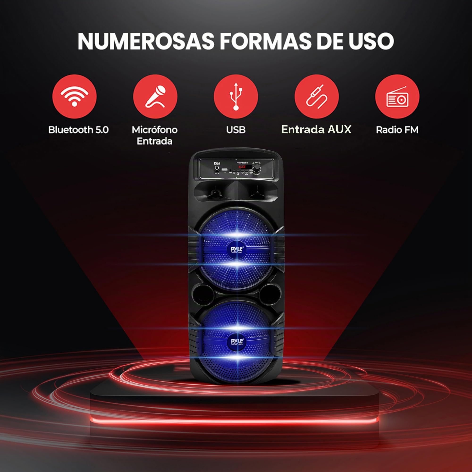 Pyle Sistema de Altavoces, PA, 600W, Bluetooth, Portatil, Recargable, Interiores, Exteriores, Subwoofer de 8”, Tweeter de 1”, función de grabación, micrófono, Luces de Fiesta, Radio USB/SD, Negro