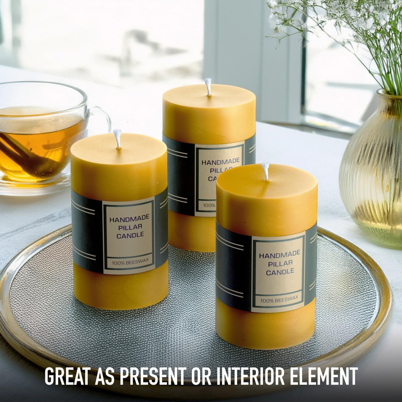 3-Pack Natural Beeswax Pillar Candles – Handcrafted & Unscented – Cotton Wick for Clean Burn – 21-Hour Burn Time Each – Eco Gift Set for Home, Yoga & Decor