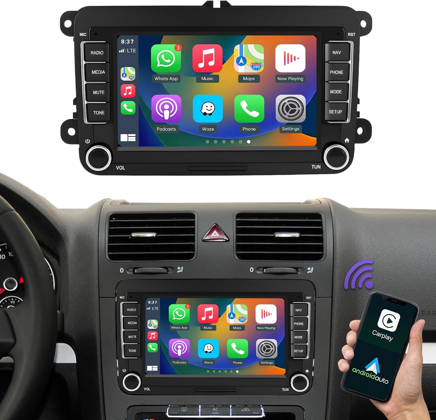 NINETOM 2026 Upgrade 7" Linux Touchscreen Car Stereo with Wireless CarPlay & Android Auto, Compatible with Volkswagen Golf 5/6, Passat, Polo, Jetta, Bora, Vento, Caddy, EOS, T5, Tiguan, Touran, CC