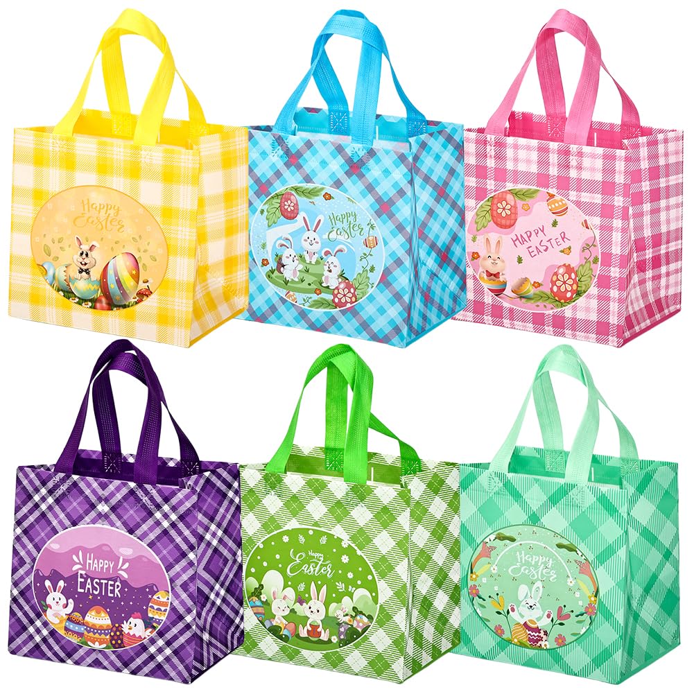 6 Borse Pasqua Riutilizzabili In Non Tessuto – 38x30x15 Cm, Con Manici, Colorate A Tema Uova E Coniglietti, Per Caccia All’uovo