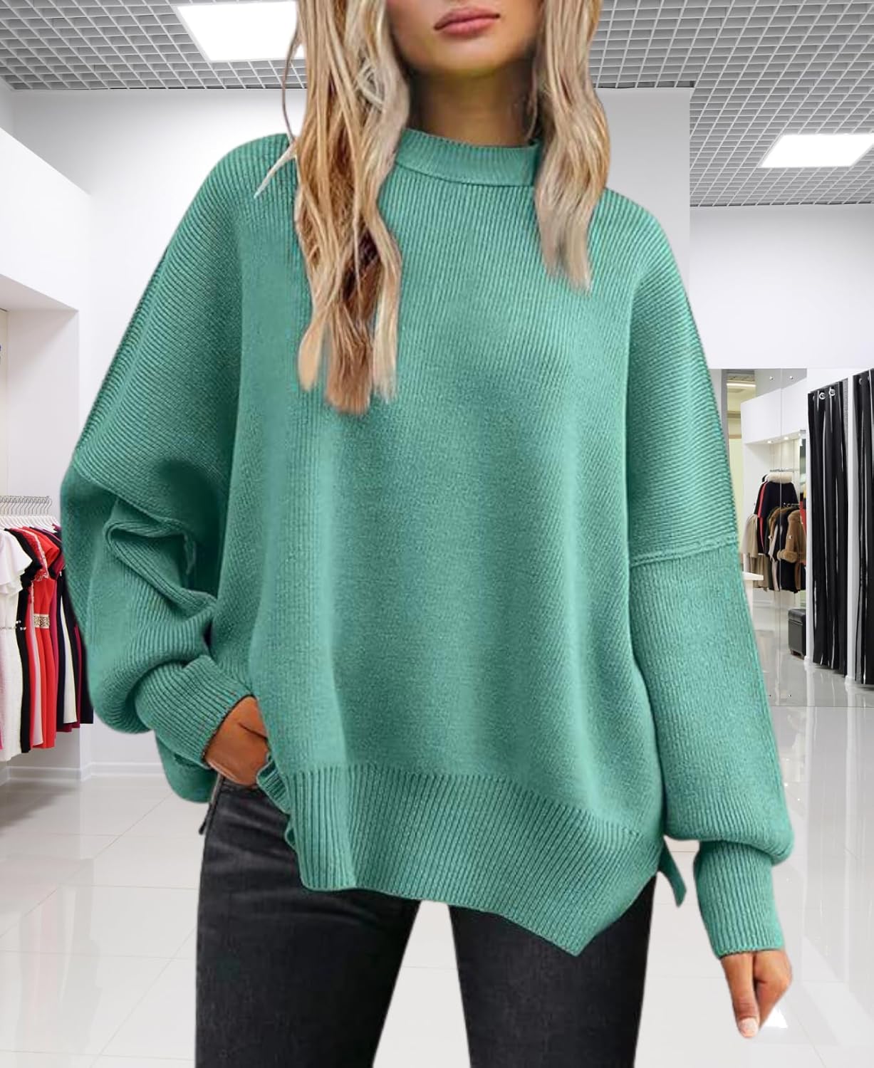 Women's Batwing Sweater Oversized Knit Pullover with Side Slits Fall Casual Crewneck Top for Fashion Outfits - Image 6