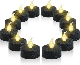 12 PCS Flameless Flickering Black Tea Light with Timer,Glitter Votive Tealight Battery Operated, LED Candles for Gothic Wedding,Halloween Home Decoration