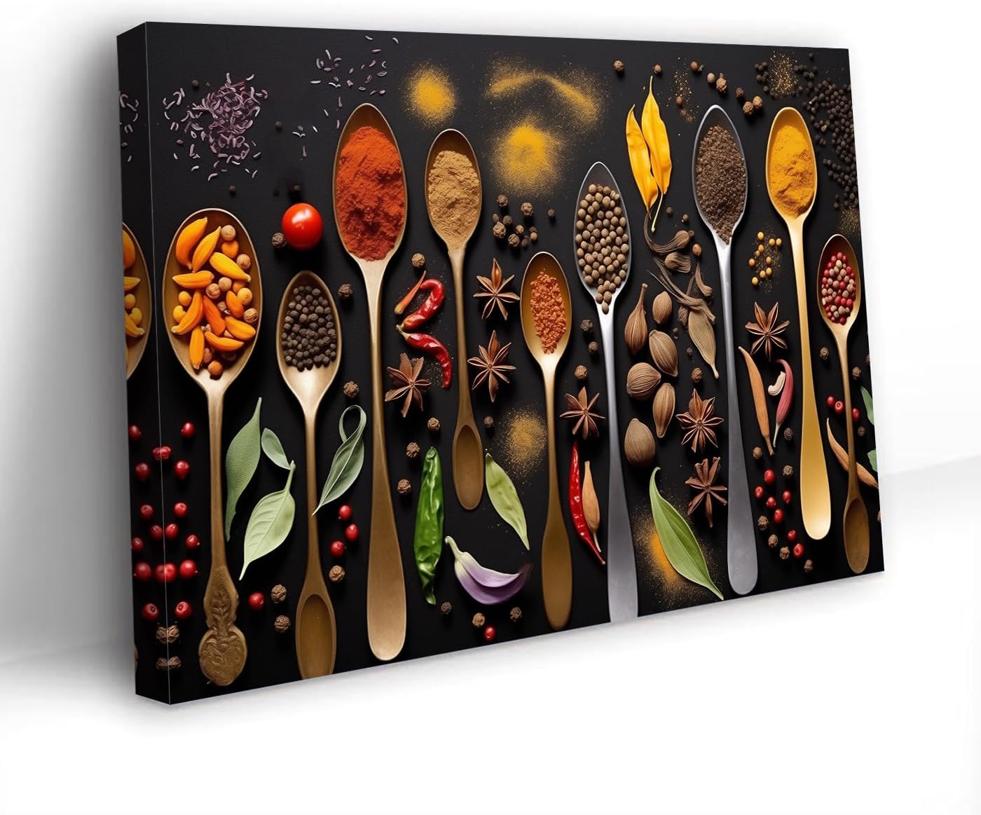 PBXBJY Spices Canvas Wall Art Colorful Spices in Spoon Pictures Print Kitchen Wall Decor Food Paintings Restaurant Decor Frame (Kitchen - 3, 16.00" x 24.00")