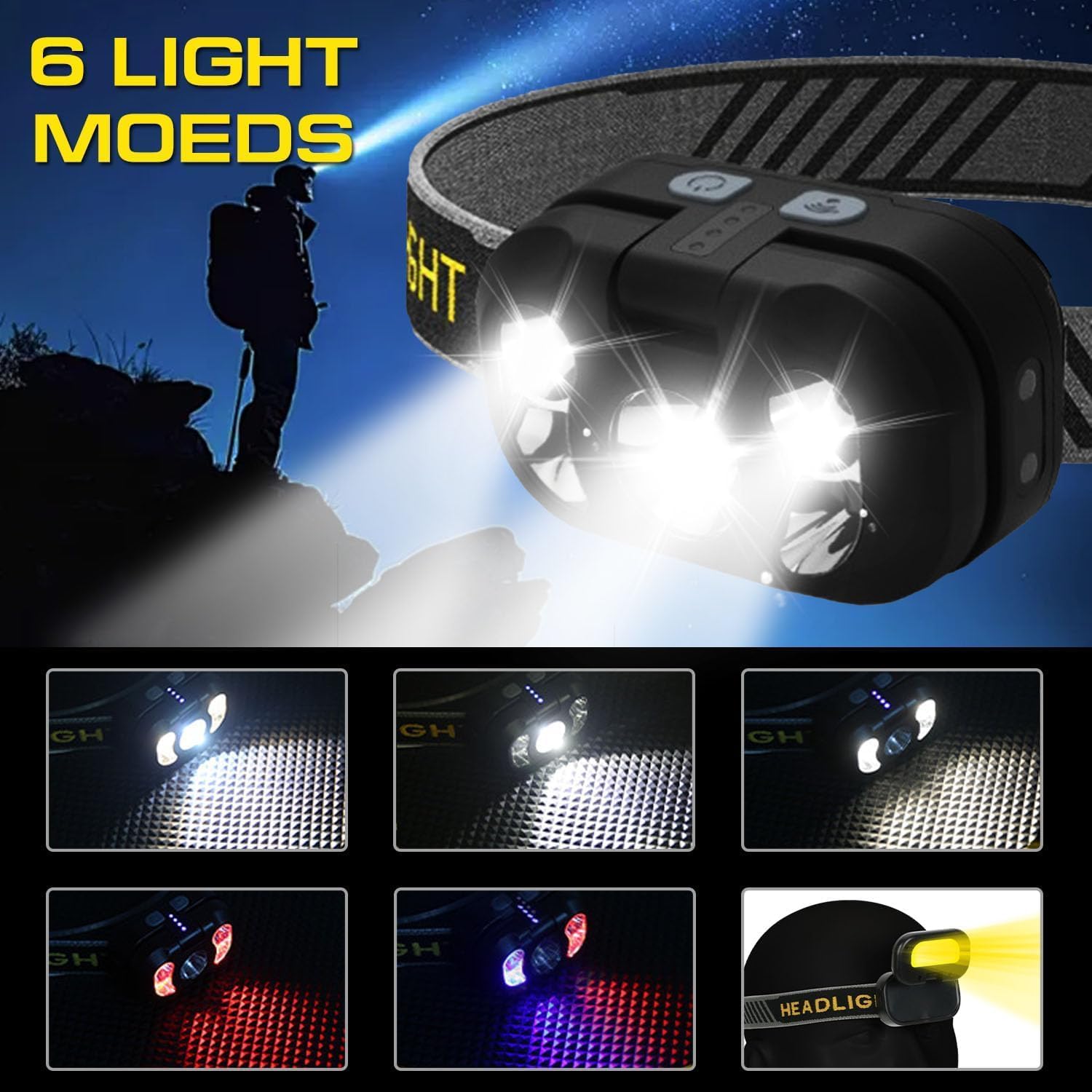 Pocketman Headlamp Rechargeable Head Lamp with 6 Modes Waterproof Headlight Flashlight for Camping Hiking Power Outage USB Cable Included