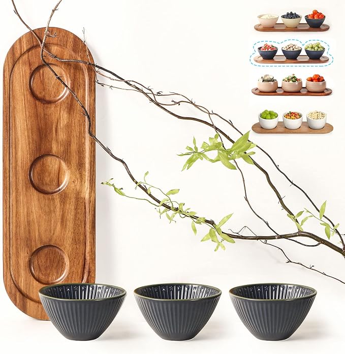 Small Serving Bowls & Wooden Tray, Chip and Dip Serving Set, Serving Dishes for Entertaining, 11oz Ceramic Salsa Bowls & Appetizer Serving Tray, Dipping Bowls for Condiment, Snack, Navy Blue