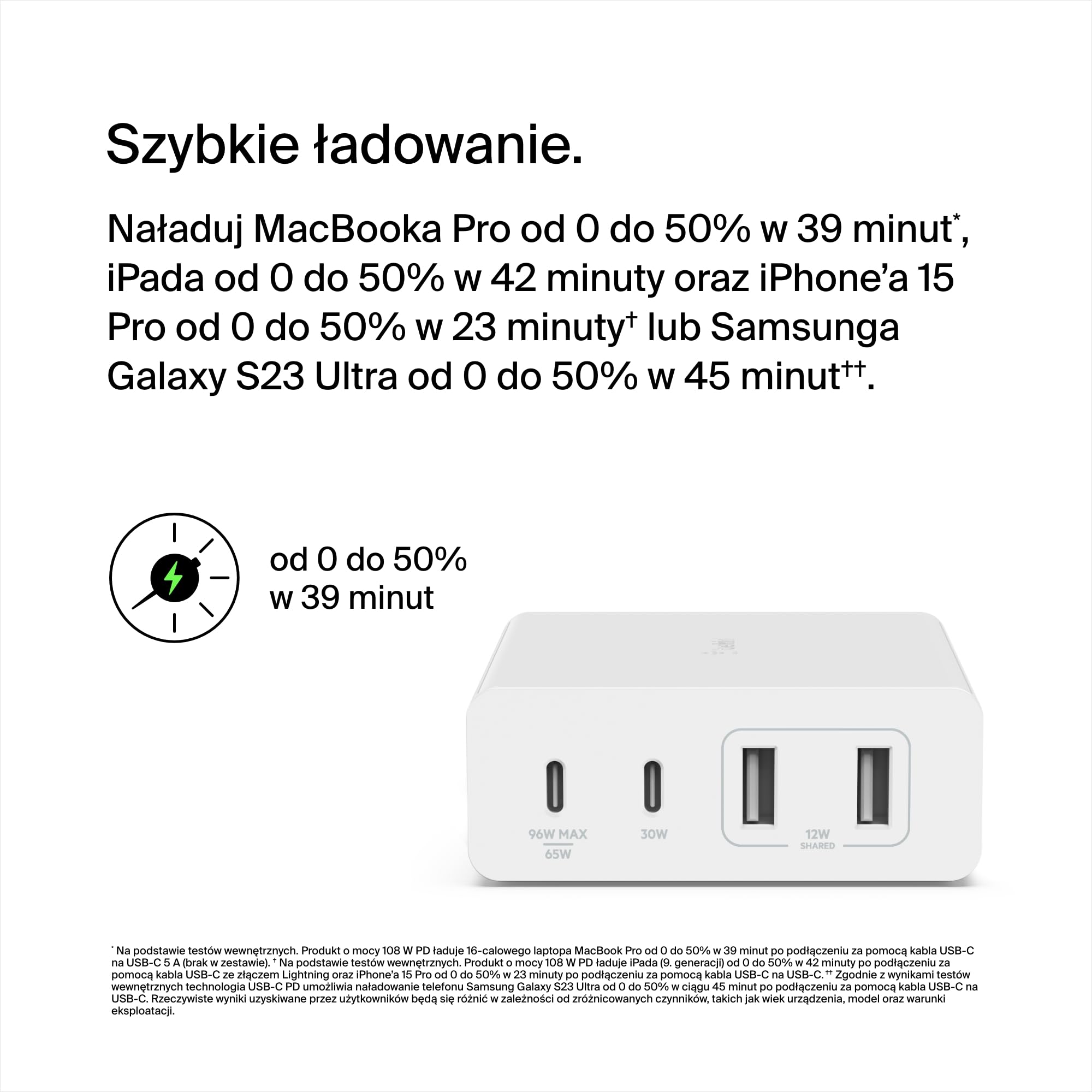 Uniwersalna stacja ładująca Belkin GaN USB 108 W, koncentrator z funkcją szybkiego ładowania z 2 × USB C oraz 2 × USB A do MacBooka Pro, Air, iPhone’a 15, iPada Pro, Air, Galaxy, Pixel i innych