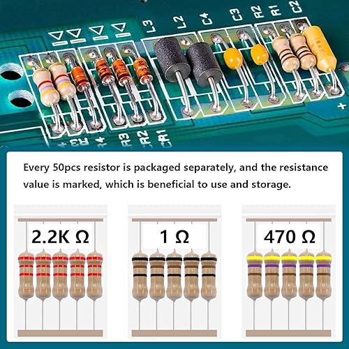 Miniatura 4 de smseace Kit de resistencias de película de carbono de 1250 unidades de 25 valores de 14 W, de 1 ohmio a 3.3 ft ohmios, 14 vatios  5%, paquete de