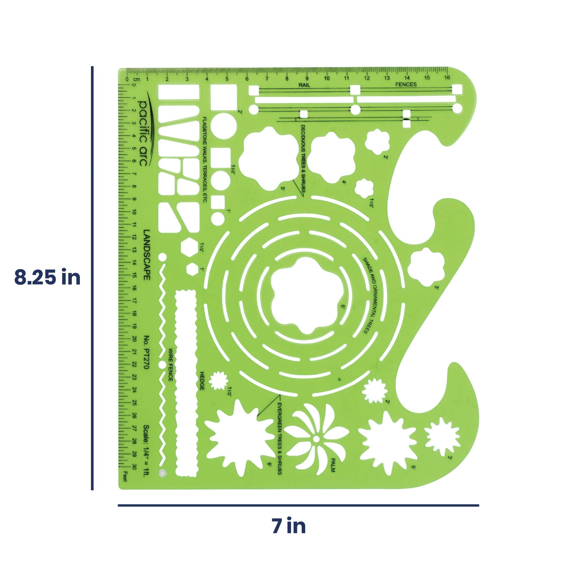 Guide Gabarit Paysage Pacific Arc PT-270 - Poinçons Arbres, Haies, Clôtures, Terrasses - Échelle 1:50 - Plastique Vert Translucide - 20,3x14,9 Cm