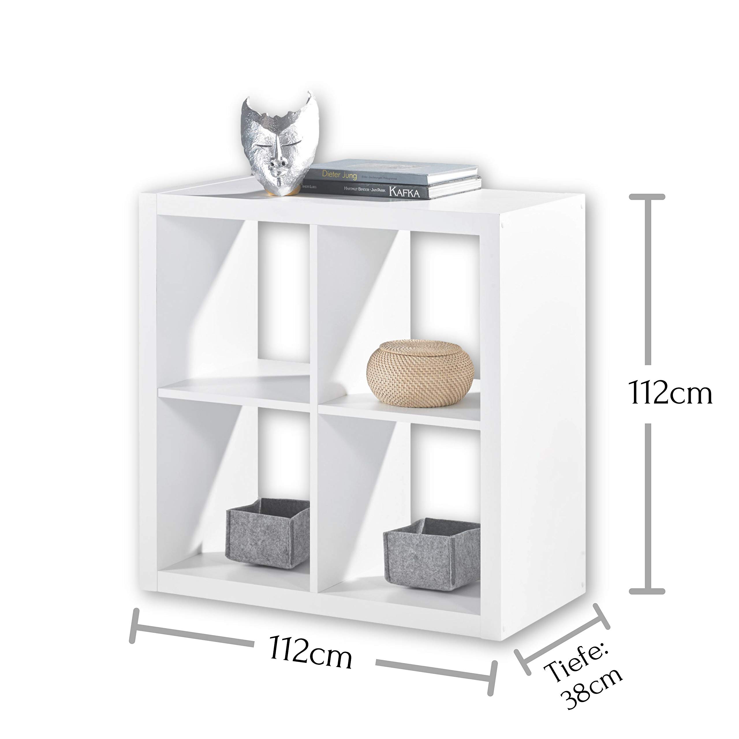 STYLE Modernes Würfelregal Weiß, ideal für Faltboxen - Praktisches Raumteiler Regal mit offenen Fächern - 112 x 112 x 38 cm (B/H/T)