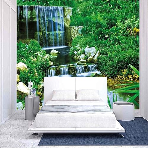 Mural de pared de 96 x 69 pulgadas, cascada que fluye por las rocas, follaje en cascada en el valle del bosque, imagen despegar y pegar, papel