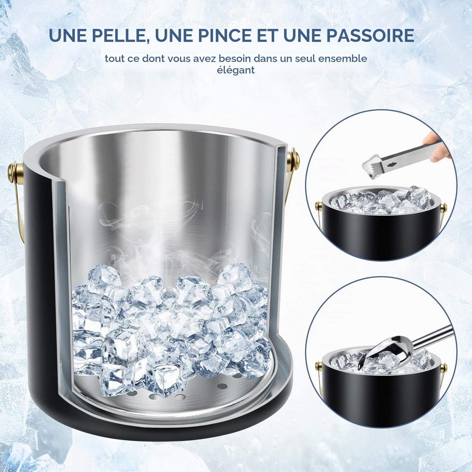 Qingning Seau à Glace en Acier Inoxydable 3.2L, Double Paroi Isolante avec Couvercle, Pinces, Pelle à Glace et Passoire, Seau à Glace Isotherme Double Paroi, Idéal pour Bière, Vin, Bar à Cocktails