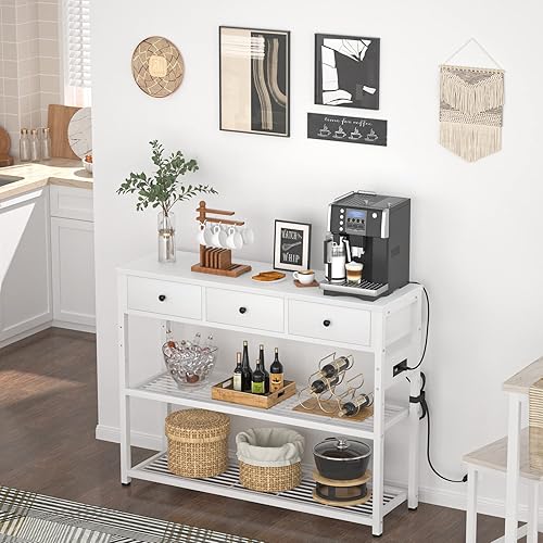 Miniatura 78 de Ecoprsio Mesa de entrada de 47 pulgadas con salidas y puertos USB, mesa consola con 3 cajones, mesa de sofá estrecha larga con estantes de Marrón