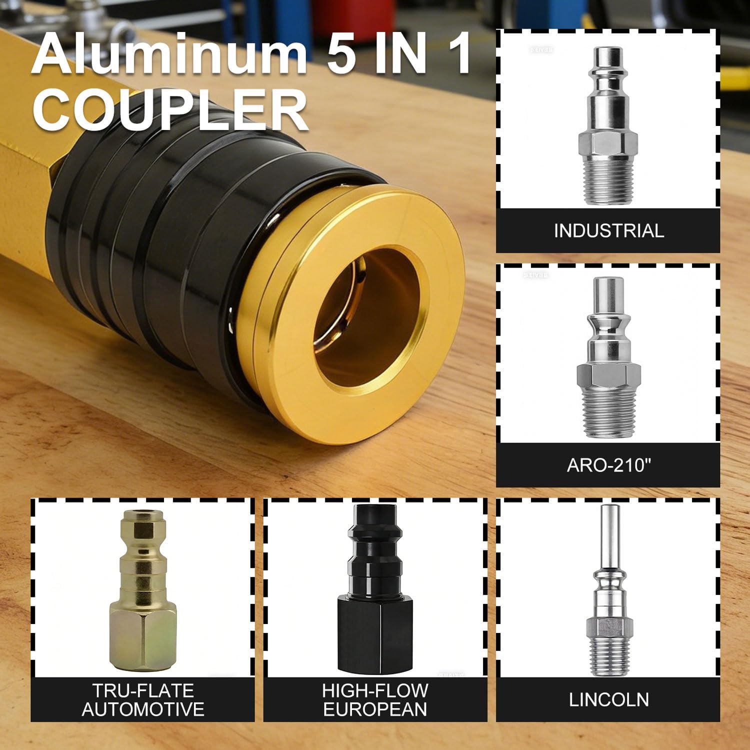 Gunpla 5 IN 1 Universal Quick Industrial Air Coupler, Upgraded Quick Connect Air Compressor Accessories 1/4" Female NPT Air Compressor Fittings, 2pcs