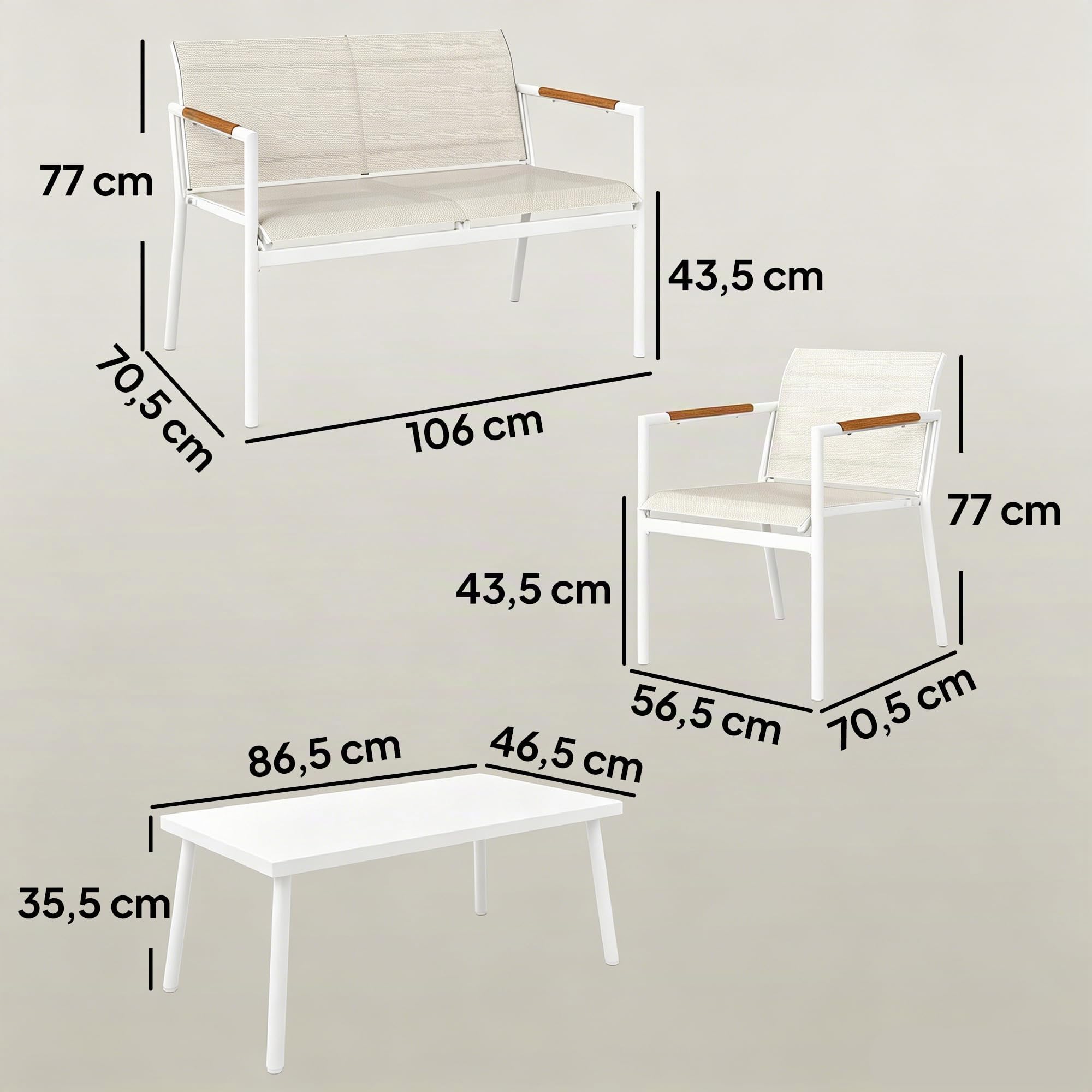 Outsunny Salon de Jardin 4 Pièces en Textilène, Canapé 2 Places, 2 Fauteuils, Table Basse avec Plateau en Métal, Ensemble de Mobilier de Jardin pour Balcon Terrasse, Crème