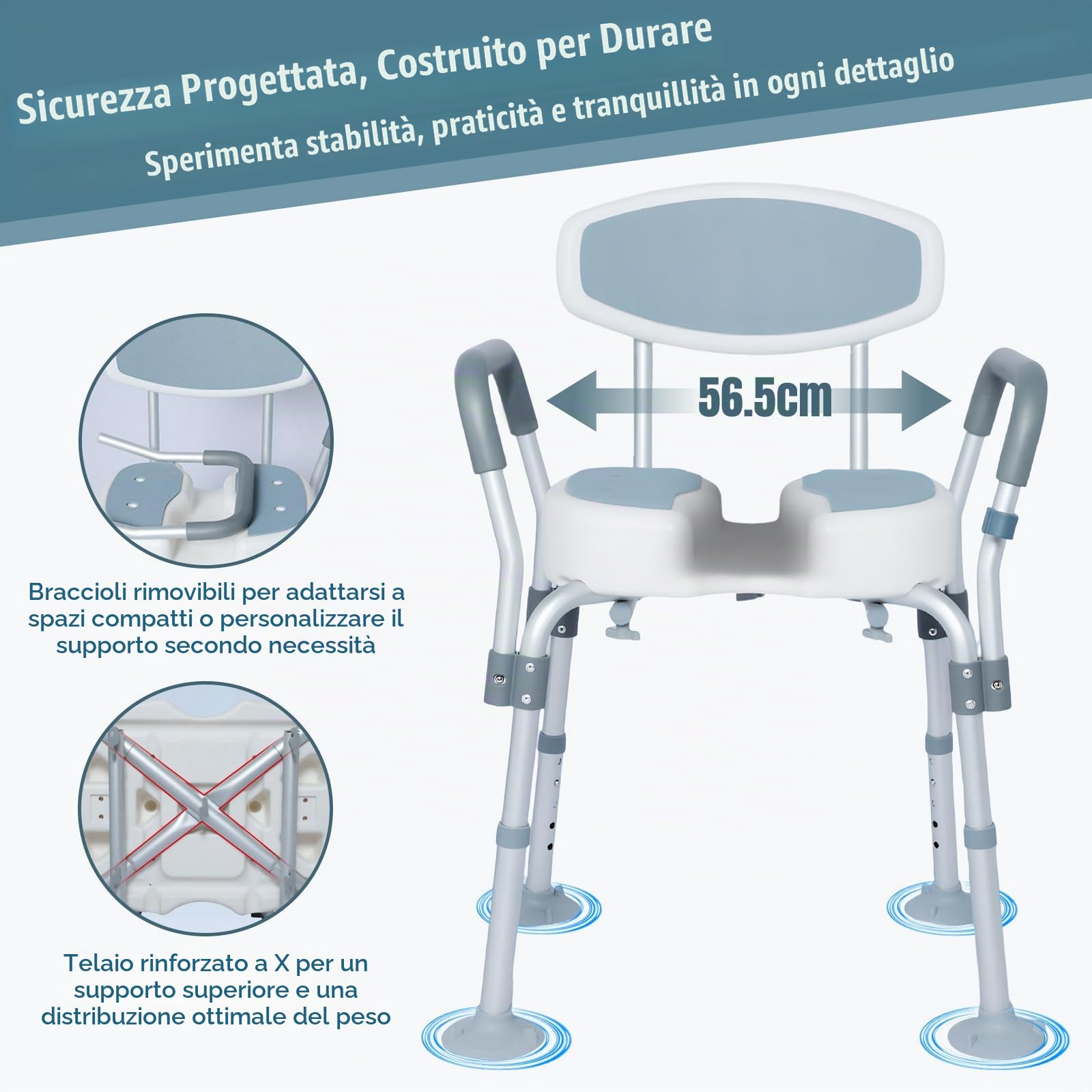 Sedia Doccia Anziani Sgabello Doccia Anziani con Braccio Rimovibile Sedile con Schienale Antiscivolo in Alluminio 5 Altezza Regolabile Fino a 136kg