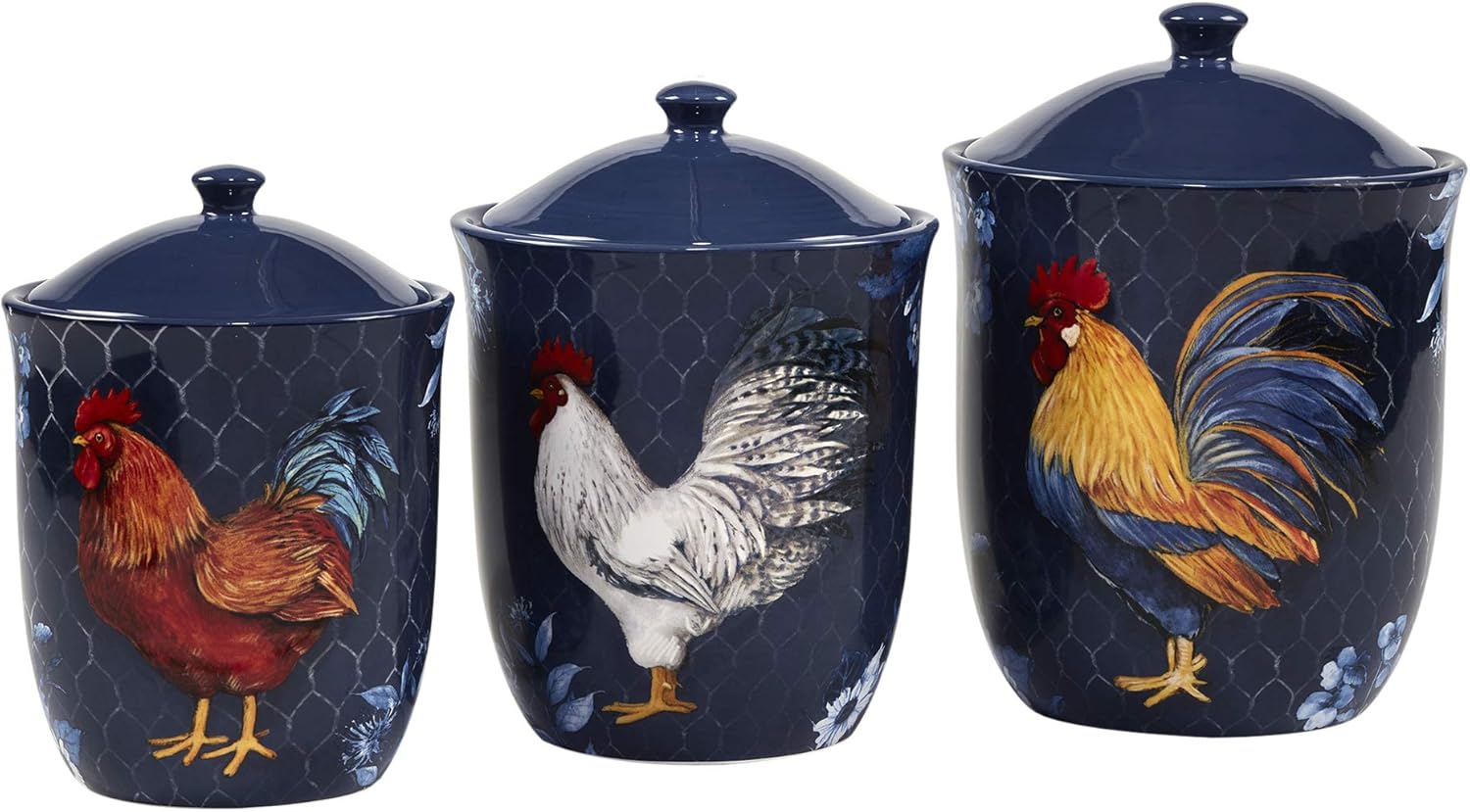 Certified International Indigo Rooster 3 pc Canister Set, 52 oz.,74 oz. 96 oz