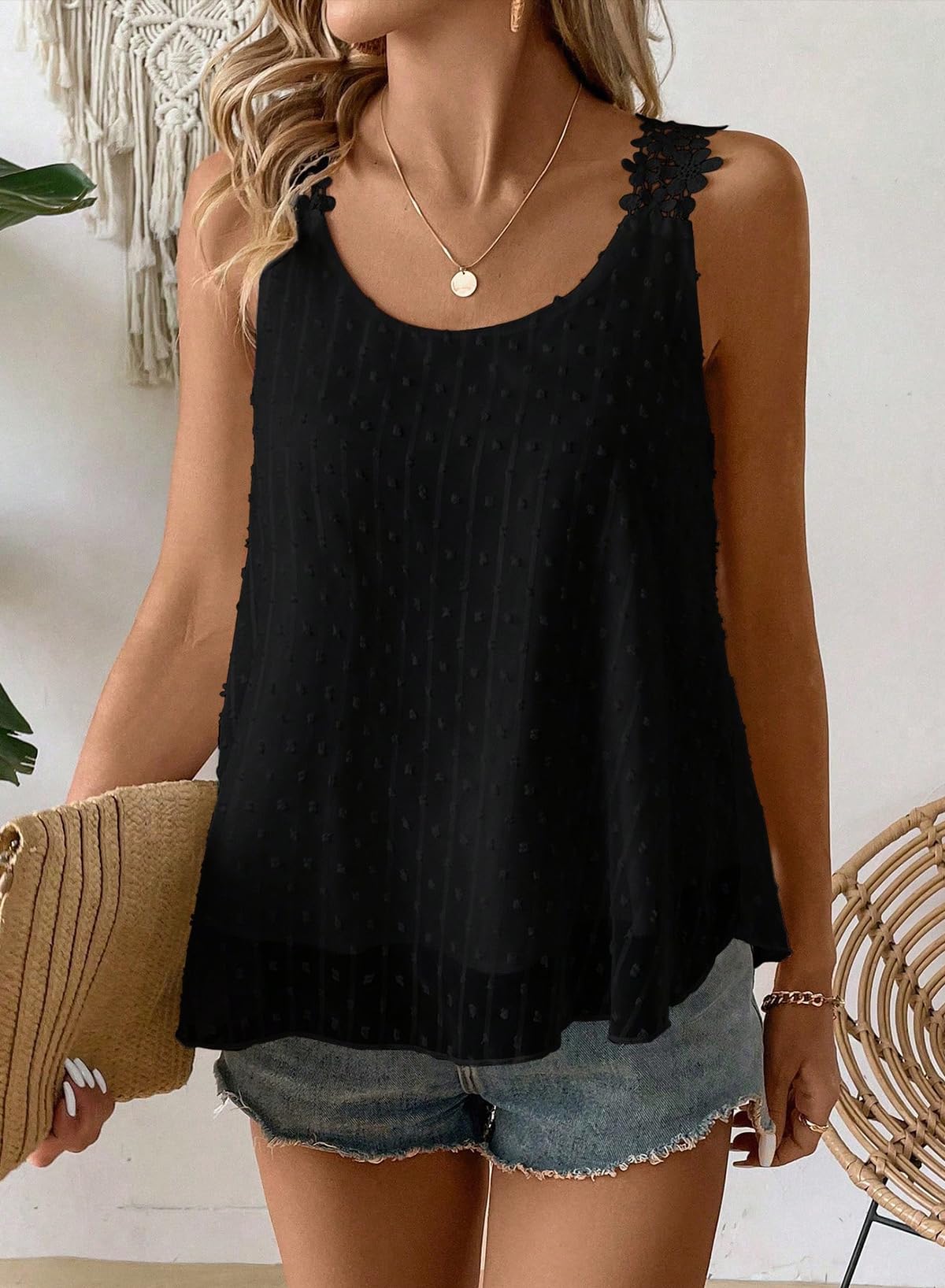 Canotta Donna Estiva Elegante Senza Maniche Girocollo Boho Camicia Casual Volant Abbigliamento Pizzo Floreale Canotte
