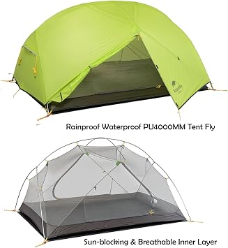 Naturehike Mongar Backpacking Tent 2 Person, Ultralight Tent Double Layer Pop Up Instant Free Standing Waterproof Tent for Bike Camping Hiking, 3 Season Outdoor Camping, Green-20D Nylon