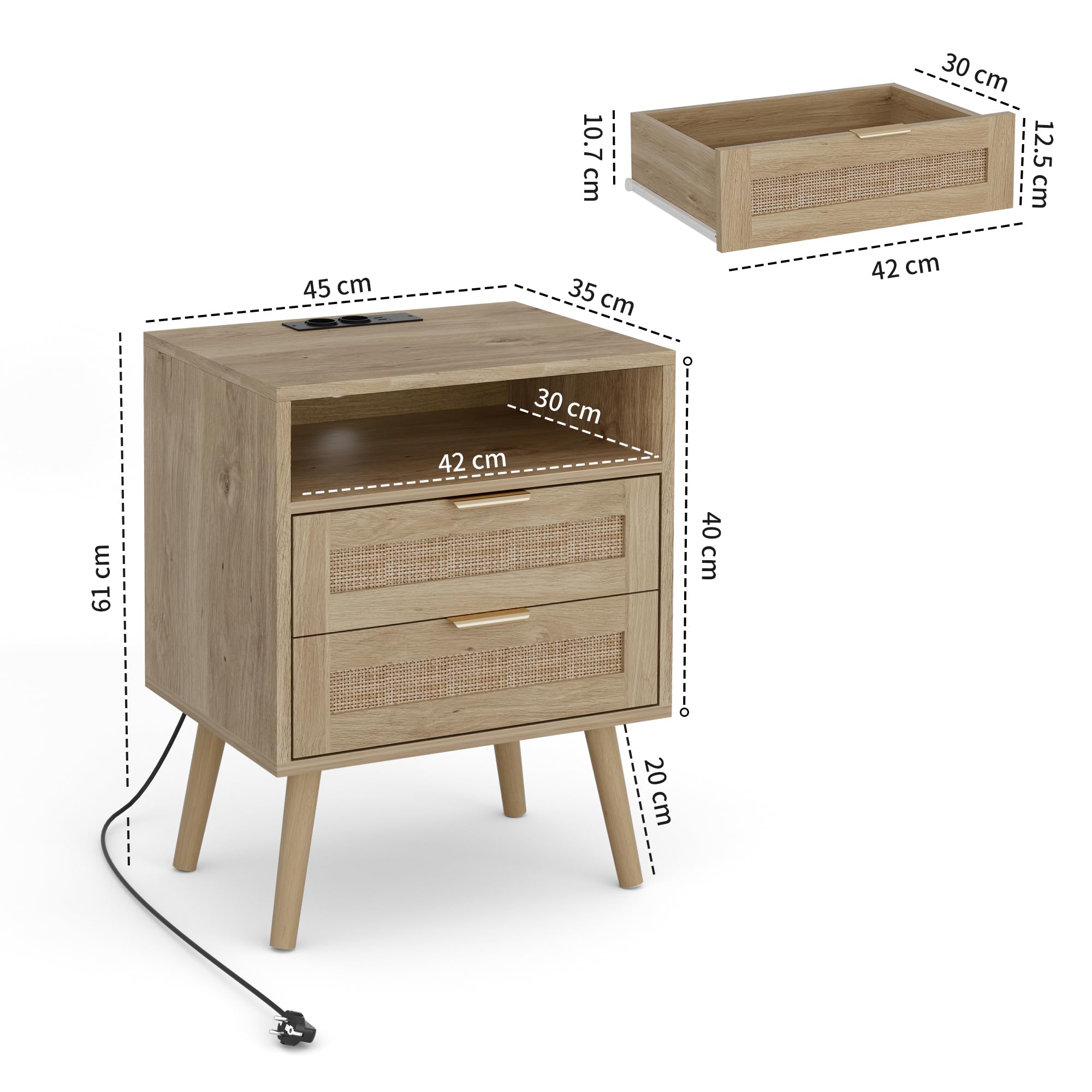 BonVache Rattan Nachttisch 2er Set, Farblich Einstellbares Licht, integrierter Steckdose und USB-A & C Anschlüssen, Offenem Fach und 2 Schubladen im Korbgeflecht-Stil, Massivholzfüßen