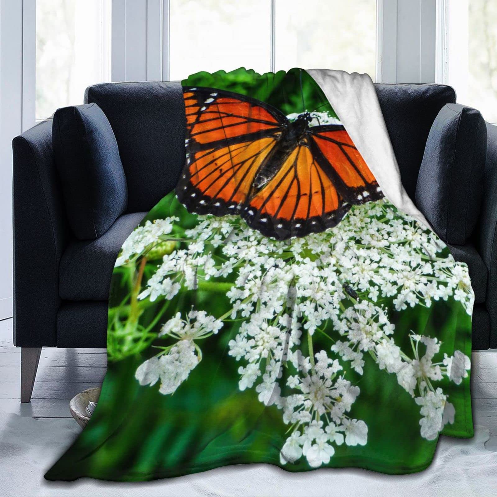 FORGUE Travel Throw Blanket Monarch Butterfly On Leaves Home Bed Blanket 60"X50"