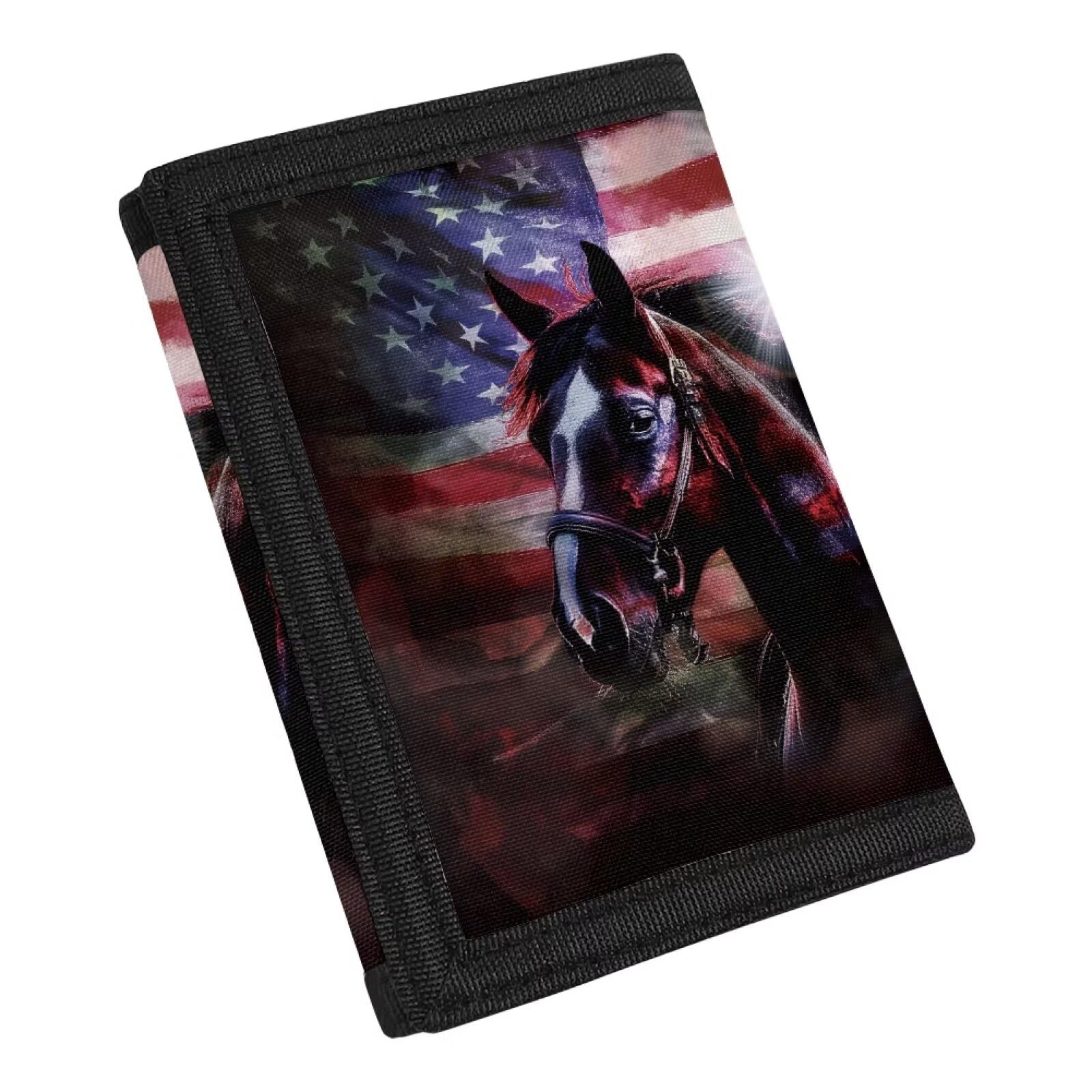 Vanideaoty American Flag Horse Kids Wallet Little Boys Wallet for Kids Small Kids Wallet for Boys with Zipper Teen Wallet for Teen Boys