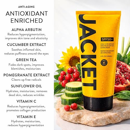 Miniatura 4 de JACKET Sunscreen SPF 50+ | Mineral Sunscreen with Vitamin C | Water Resistant 80 Min, Natural, Reef Safe | UVA/UVB Broad Spectrum Protection for