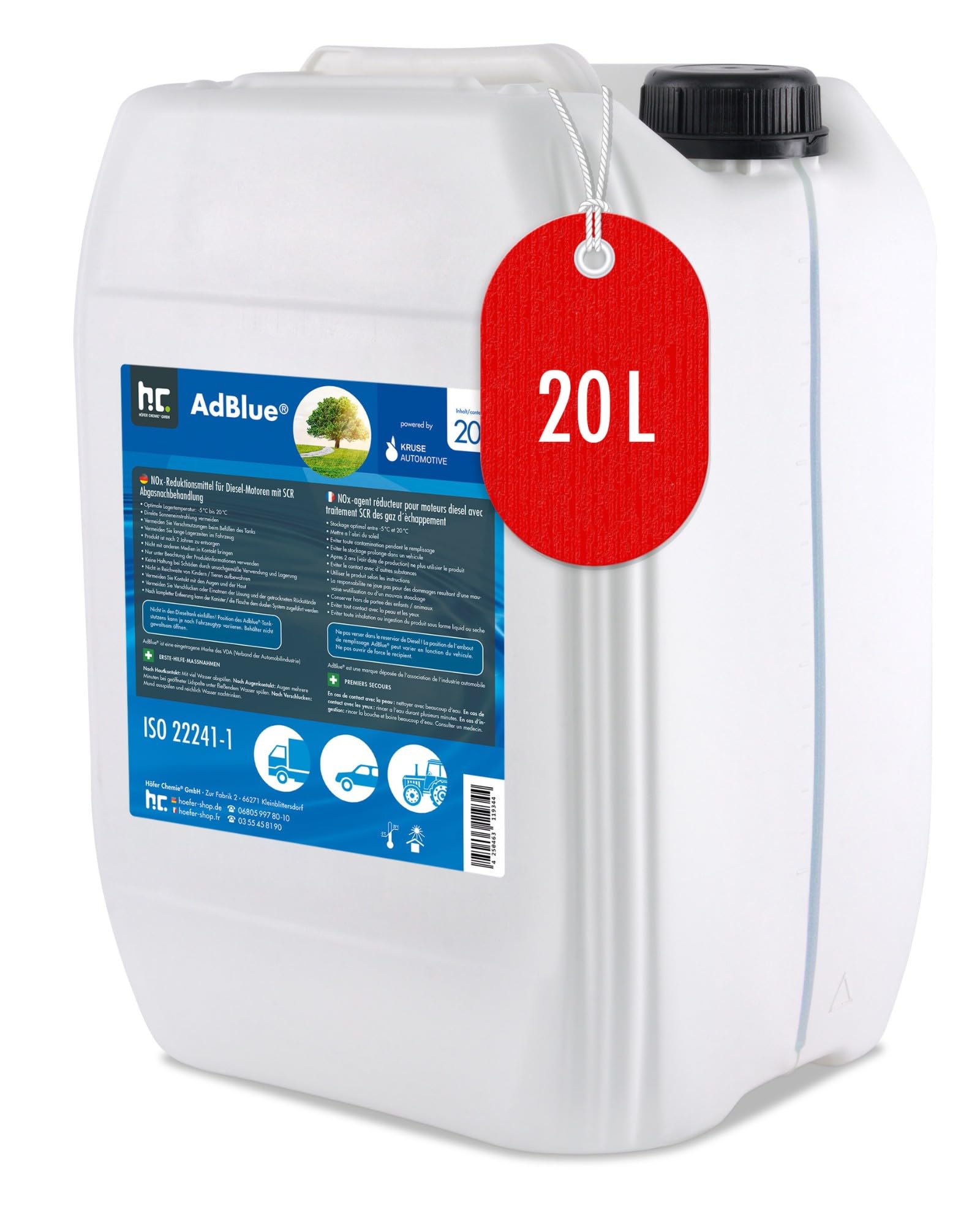 Höfer Chemie AdBlue 20L inkl. Ausgießer | Harnstofflösung für Diesel Autos wie BMW & VW - Kanister mit Ausgießer - Reduziert Giftige Stickoxide