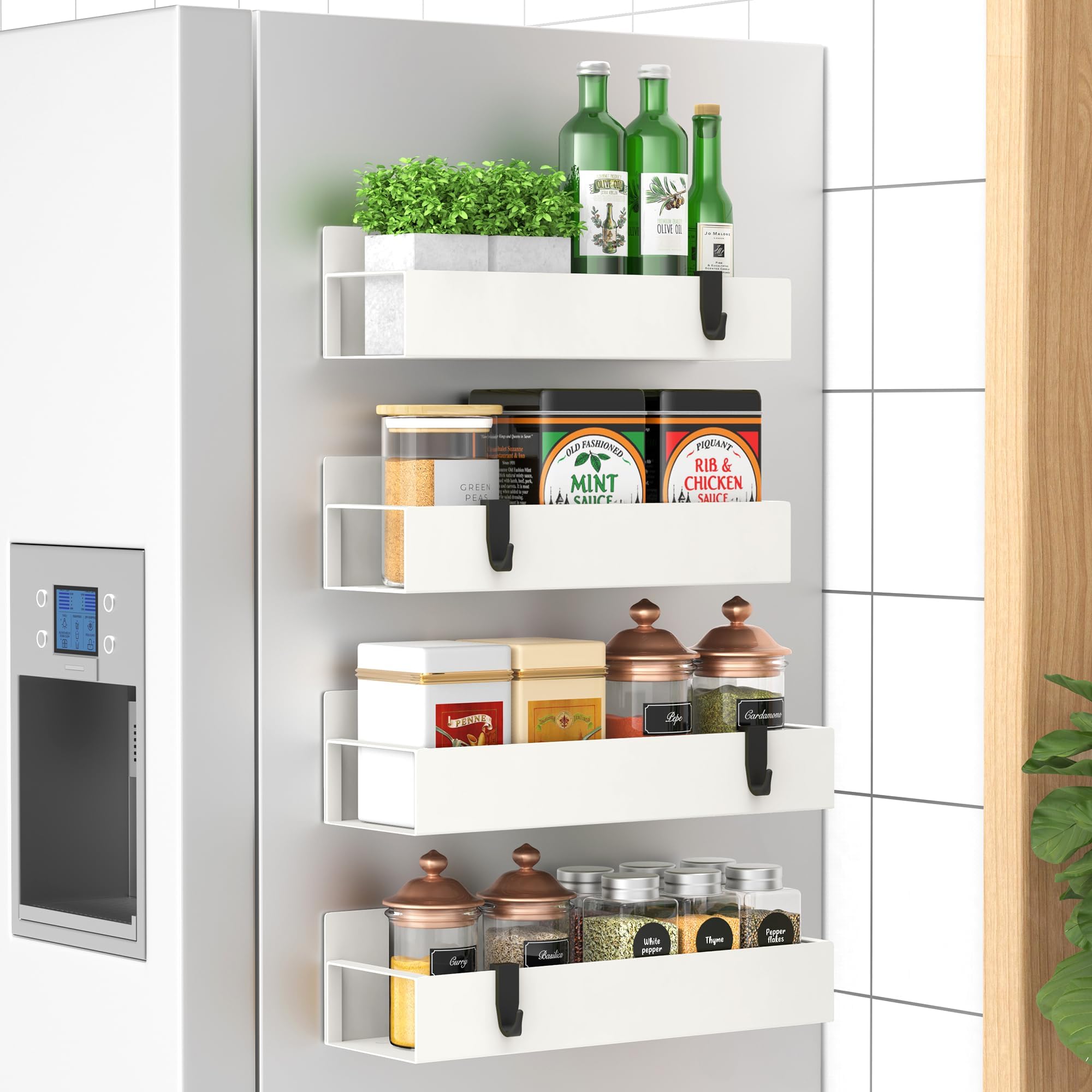 4 Pack Magnetic Spice Storage Rack Organizer for Refrigerator and Oven, Cream White Fridge Organizers and Storage