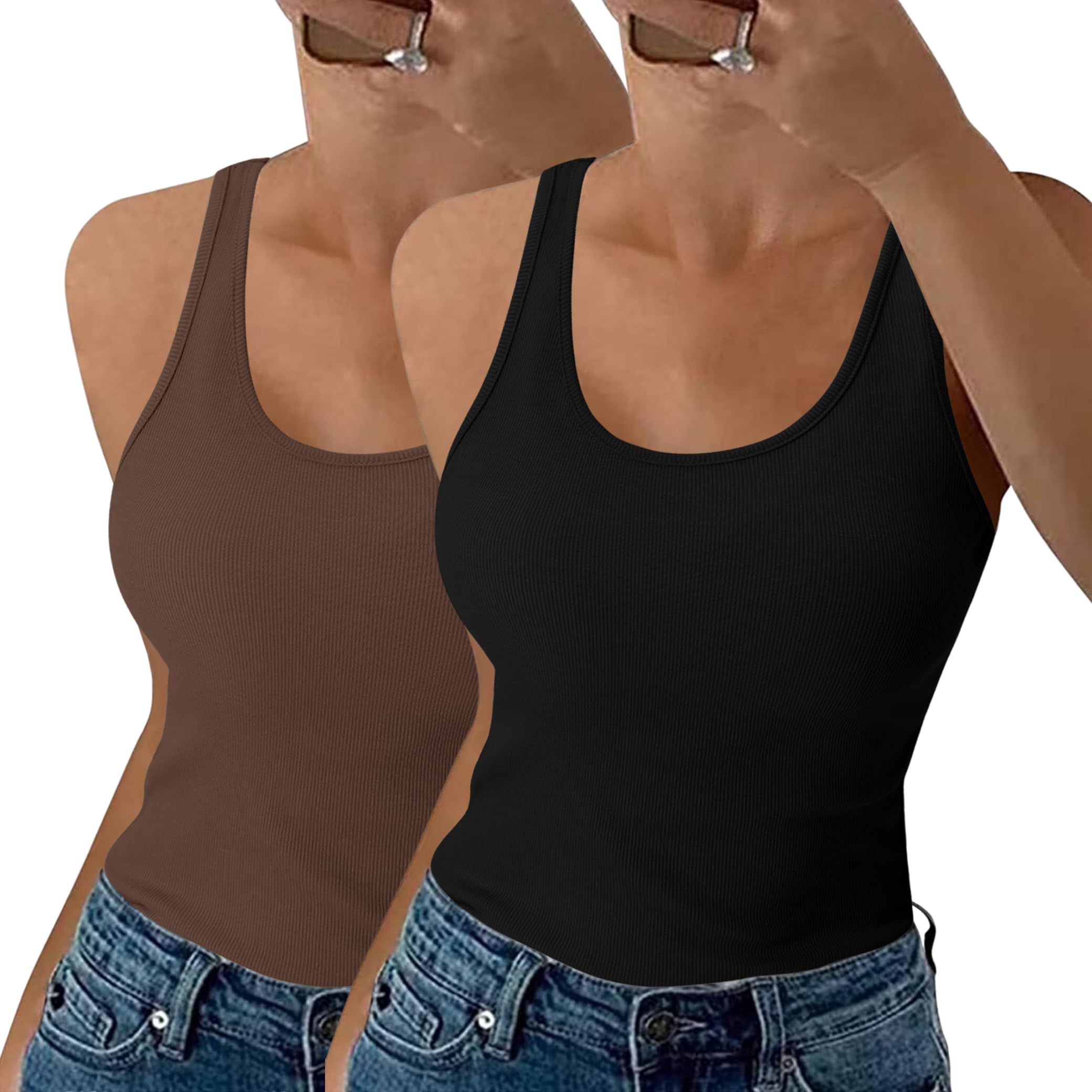 Aottori Damen 2er Pack Tank Top Sommer Slim Fit Oberteile Ärmellos Gerippt Basic Shirt Rundhals Weste Baumwolle Tops Sexy Casual Vest Einfarbig