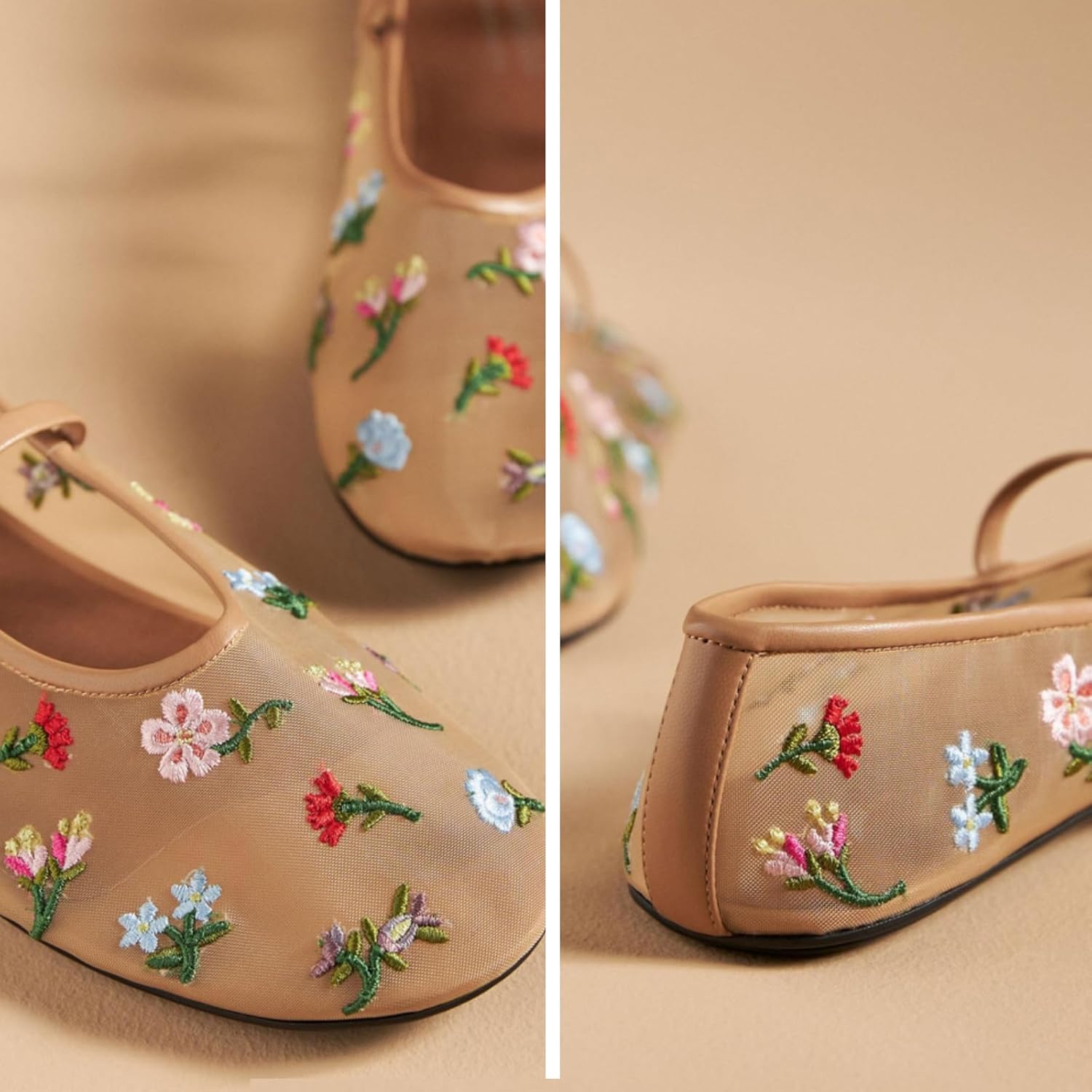 Nude Mesh Ballet Flats for Women Tulle Floral Embroidered Mary Jane Ballerina Round Toe Comfortable Daily Dress Ballet Flats Shoes with Strap