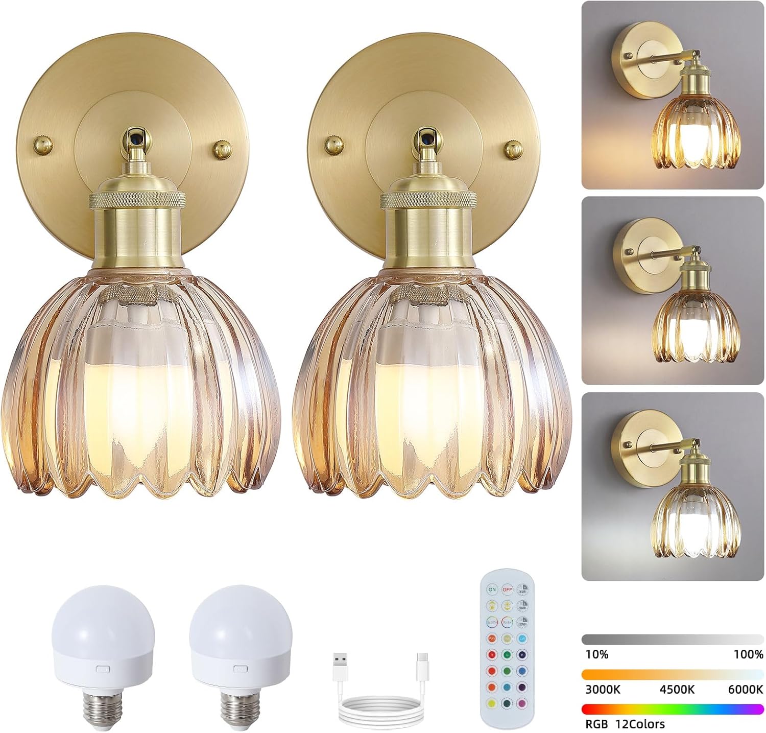Vintage Battery Operated Wireless Wall Sconces, Rechargeable Gold Wall Lights，Green Tulip Glass Lampshad With Remote Dimmable Wall Lighting Indoor, Led Wall Lamp Fixtures For Bedroom, Living Room