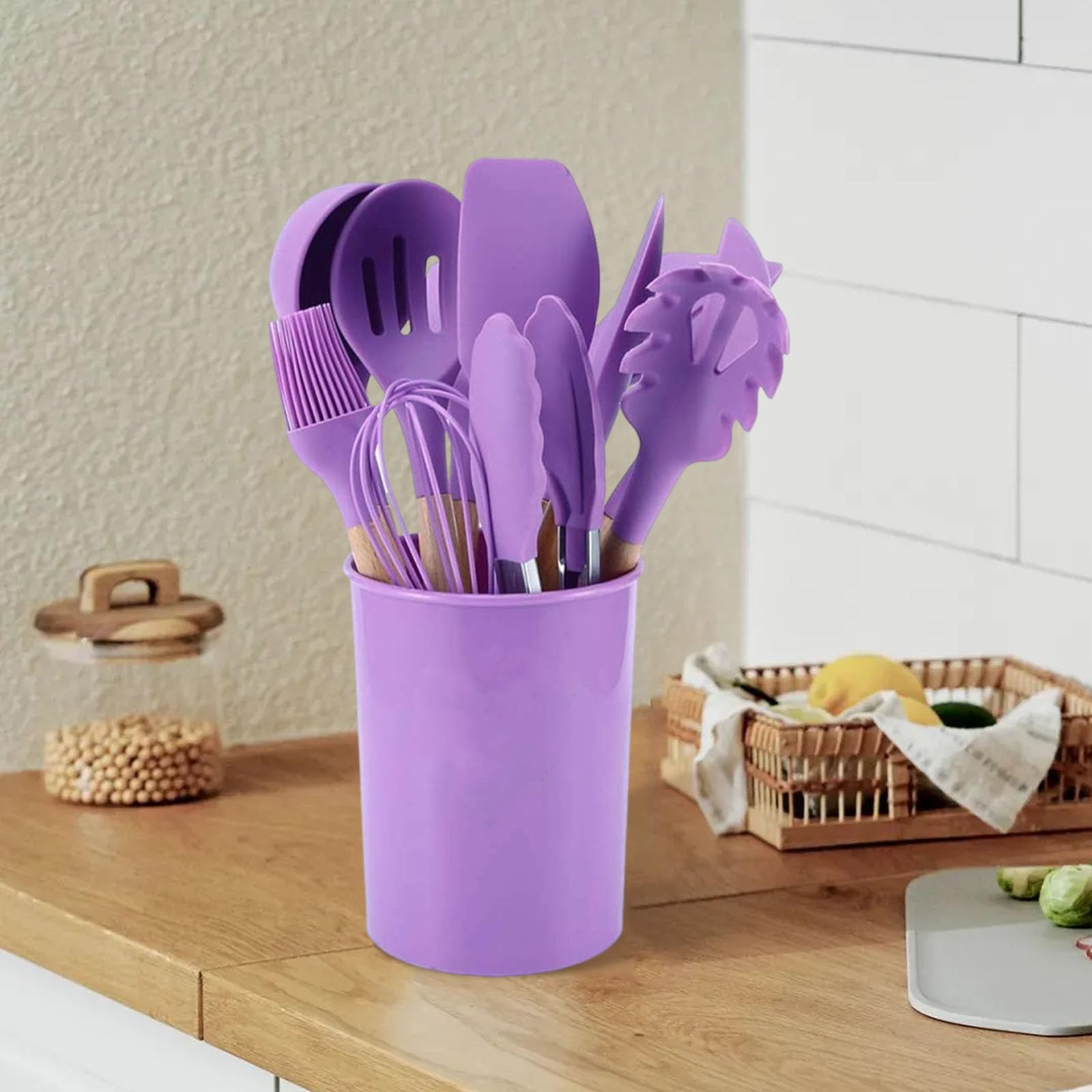 Set di utensili da cucina, 12 pezzi, set di utensili da cucina in silicone con manico in legno, resistenti al calore, antiaderenti, set di utensili da cucina in silicone, adatti per la cucina (viola)