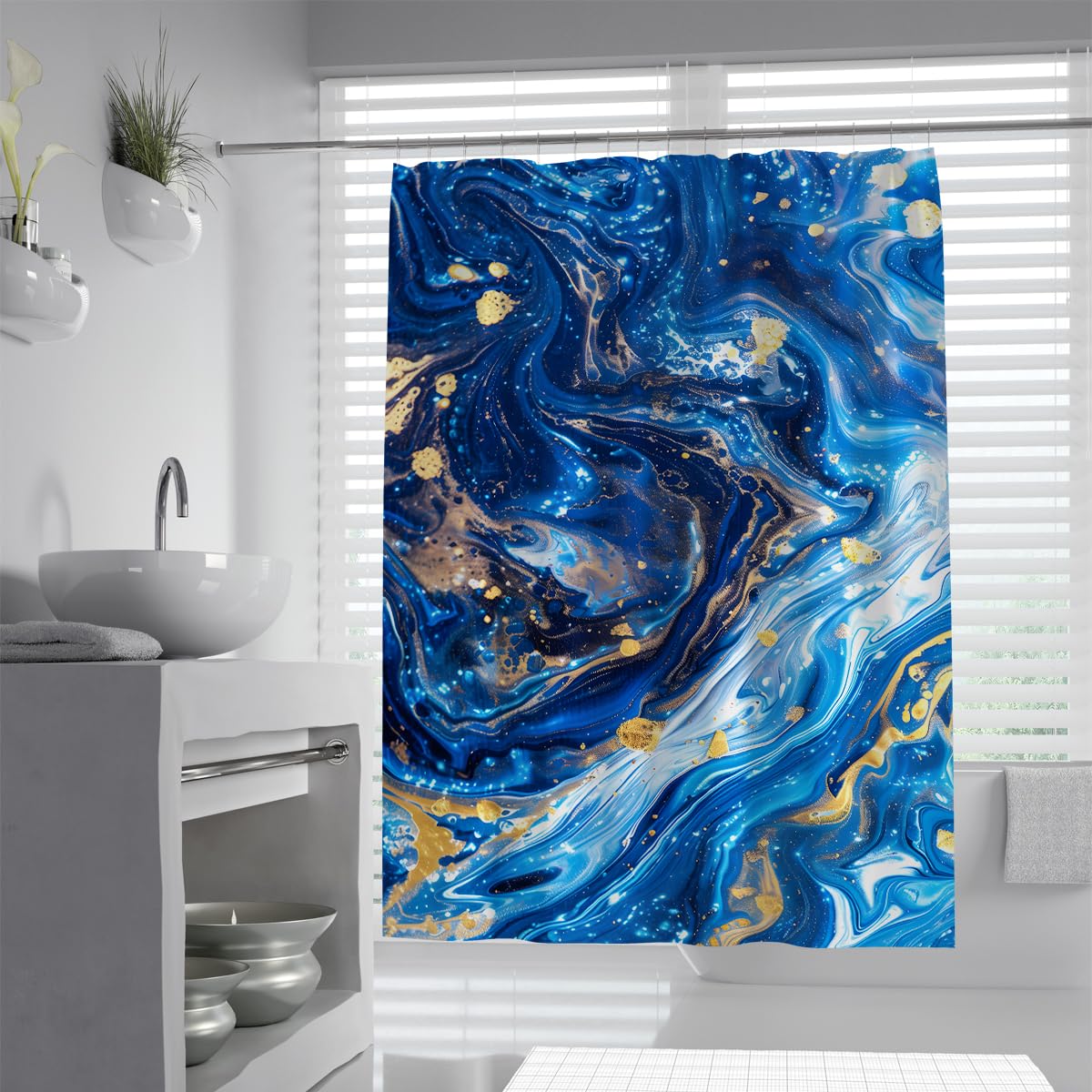 UIRINGART Luxury Bathroom Bathtub Curtains W180xL200cm Deep Ocean Navy Cobalt Blue White Liquid Fluid Marble Swirl Yellow Lines Pattern Anti Mould Polyester Fabric Shower Curtain