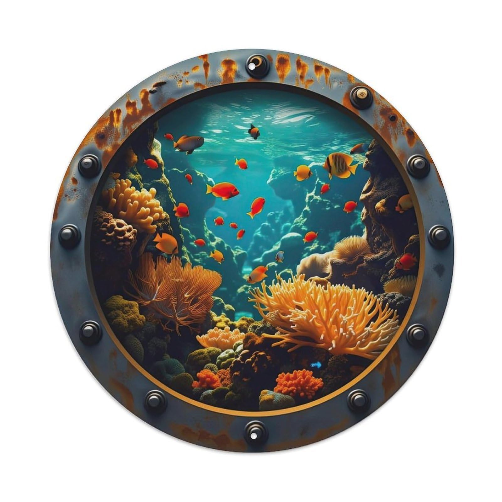 Underwater Coral Reef Fish Scene Through Porthole View Metal Tin Sign