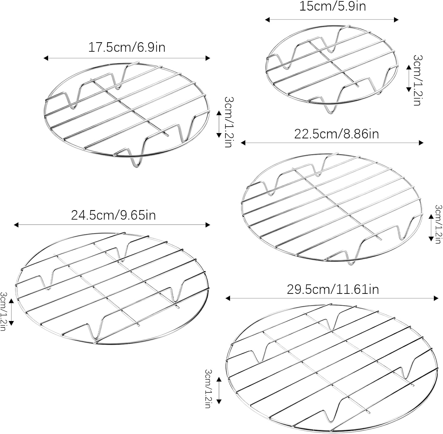 5 Pieces Stainless Steel Round Cooling Racks for Baking, Cooking, Steaming - Air Fryer Rack & Steaming Rack Set (12/10/9/7/6 Inch)