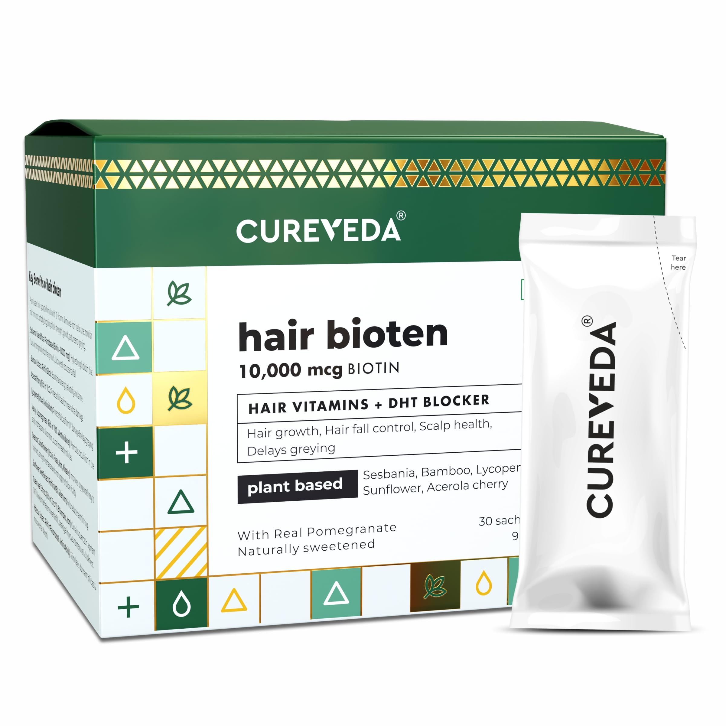 Cureveda Hair Bioten Grow Plant Based Biotin 10000 mcg Powder Supplement for Men & Women | Healthy Scalp and Hair Growth, No Added Sugar, Natural Pomegranate Flavour 30 Sachets