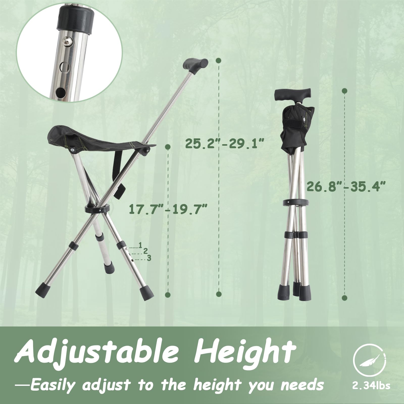 King Mills Sgabelli portatili leggeri per adulti, sedia da passeggio regolabile per adulti, sedile in canna antiscivolo, sedile pieghevole fino a 113,4 kg sopra, ideale per campeggio ed escursionismo