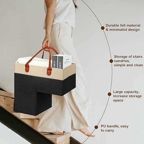 Miniatura 2 de Shappy Cestas de escalera con asas y panel de soporte, cesta de fieltro de 16 pulgadas para escaleras para alfombras y madera plegable para la