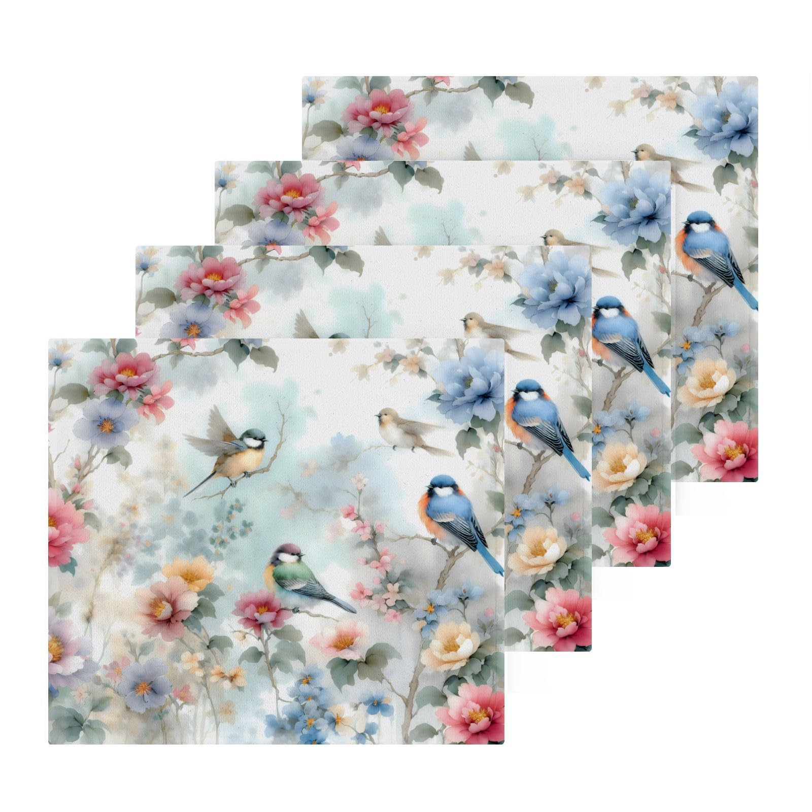 YANENDIE Birds and Flower Washcloths Towels, Highly Absorbent and Soft Cotton Face Cloths, 4 Pack Quick Dry Wash Cloths - 12 X 12 Inches