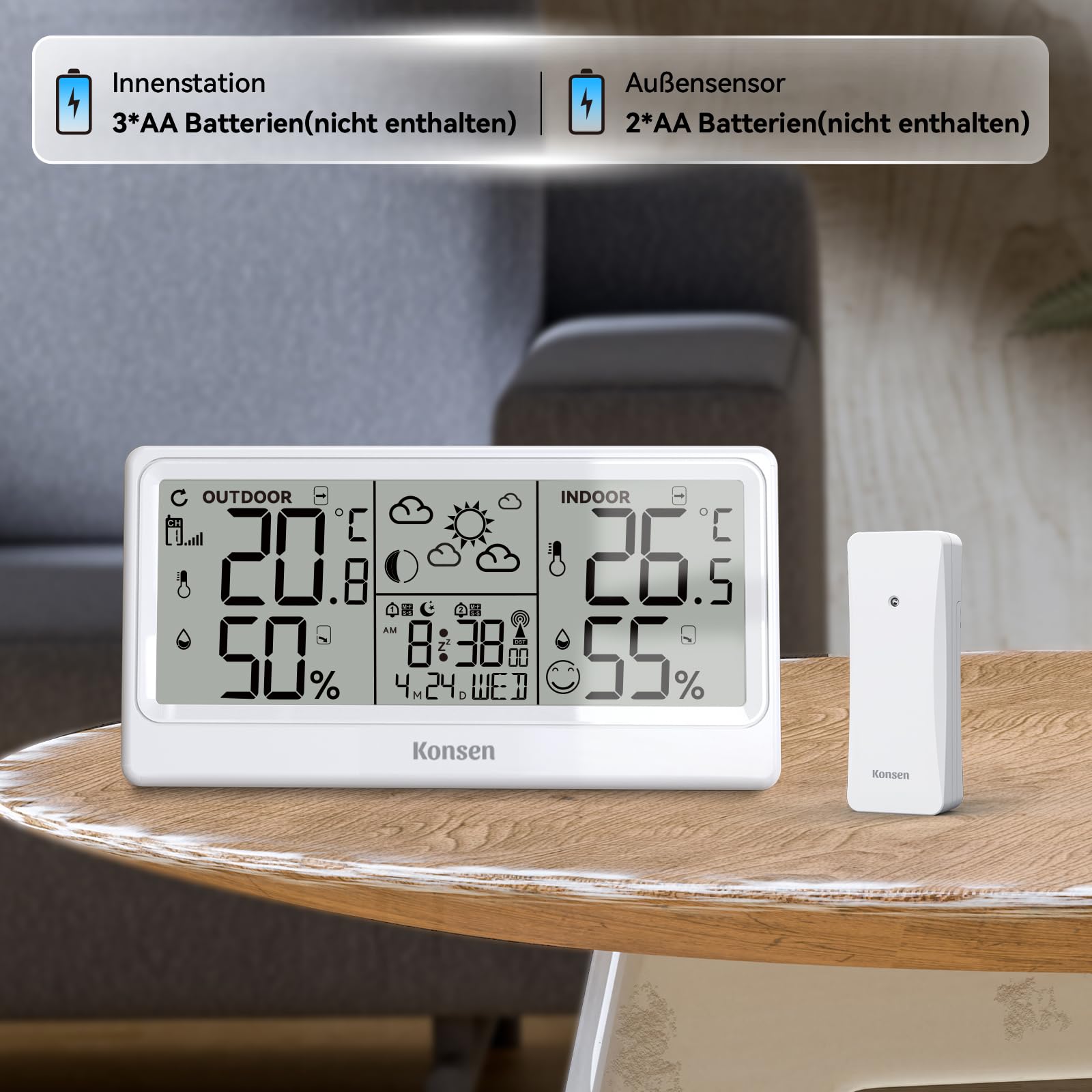 Konsen Funk-Wetterstation mit Außensensor – DCF Funkuhr, Digitales Thermo-Hygrometer (Batteriebetrieb) für Innen/Außen mit Wetterprognose, in Weiß